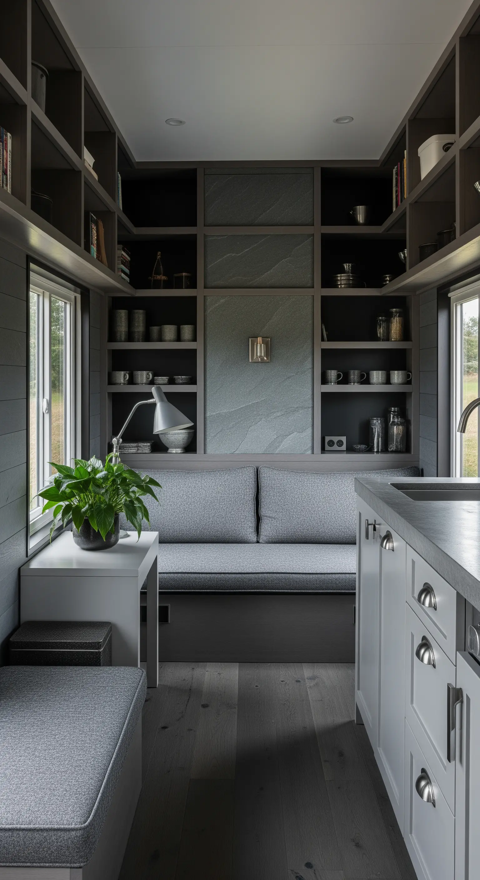 Tiny House mit dunklen, raumhohen Regalen, die eine gemütliche Sitznische umgeben.