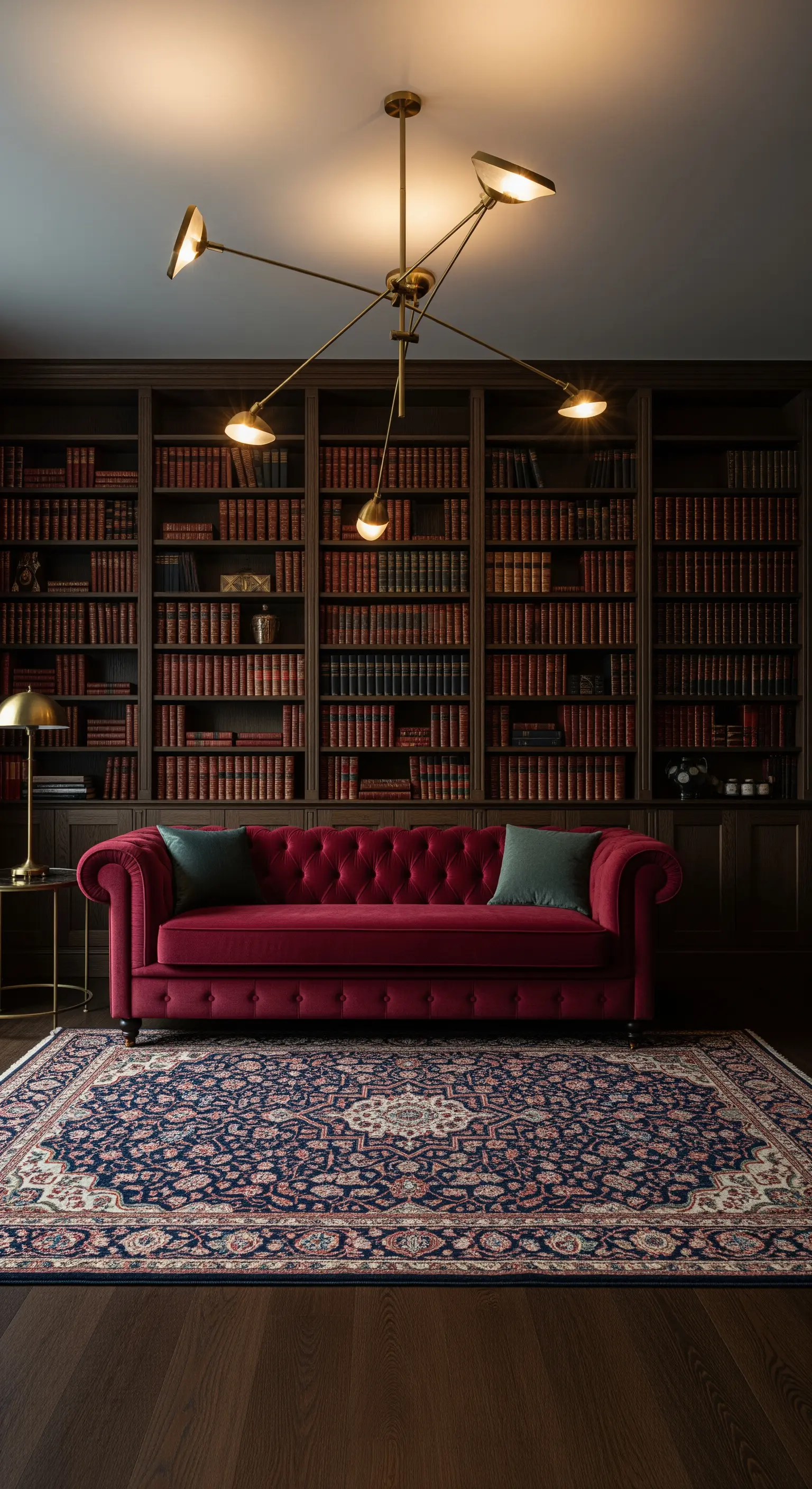 Rotes Samt-Chesterfield vor einer dunklen Bücherwand mit einer modernen Messing-Deckenleuchte.
