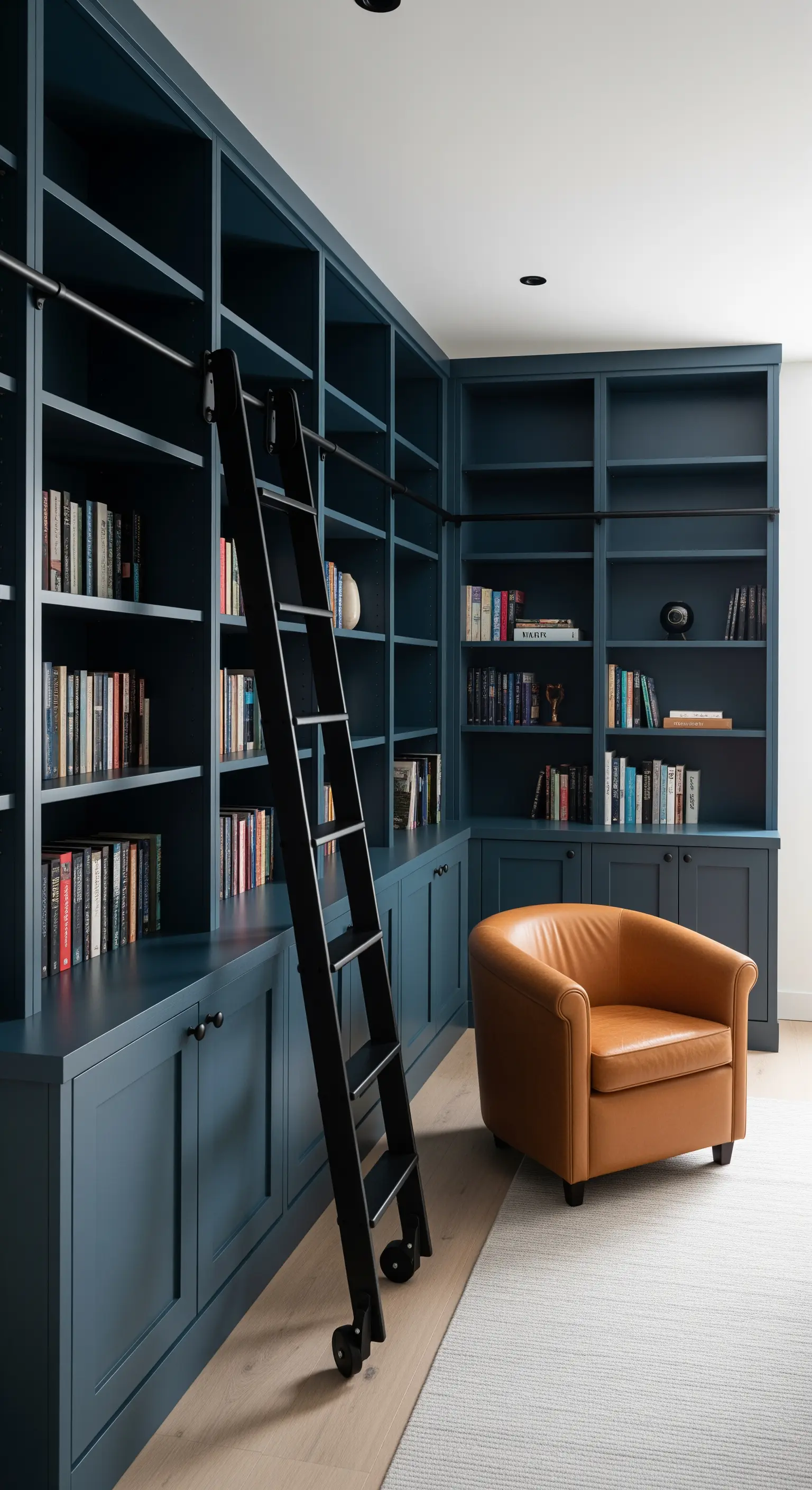 Heimbibliothek mit raumhohen, dunkelblauen Bücherregalen und einer schwarzen Leiter.