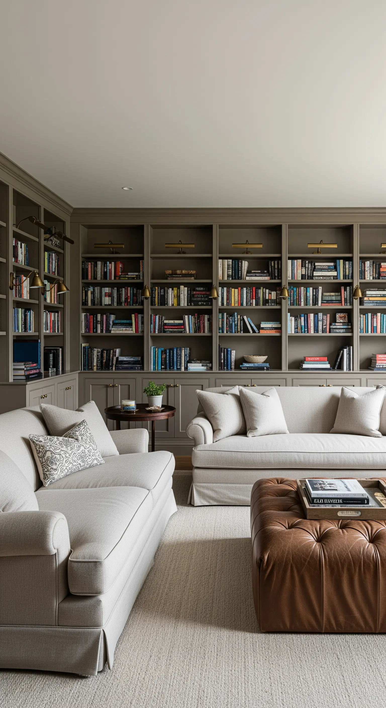 Wohnzimmer mit einer großen, raumhohen Bücherwand in einem dunklen Grünton und hellen Sofas.