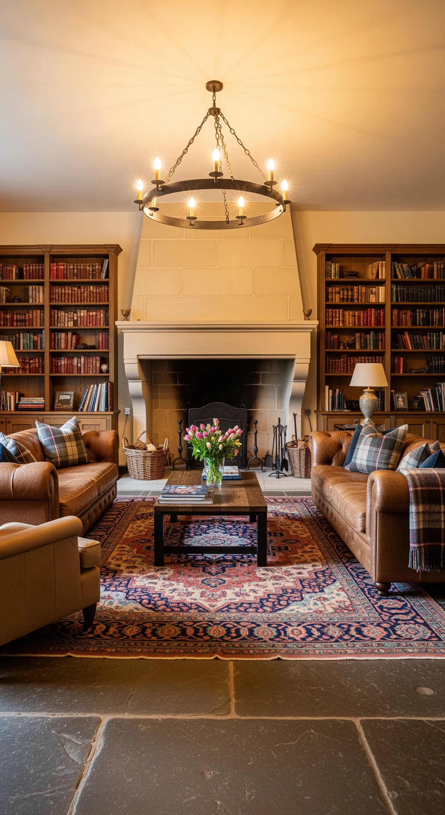 Klassisches Bibliotheks-Wohnzimmer mit Ledersofas, Bücherregalen und großem Kamin.