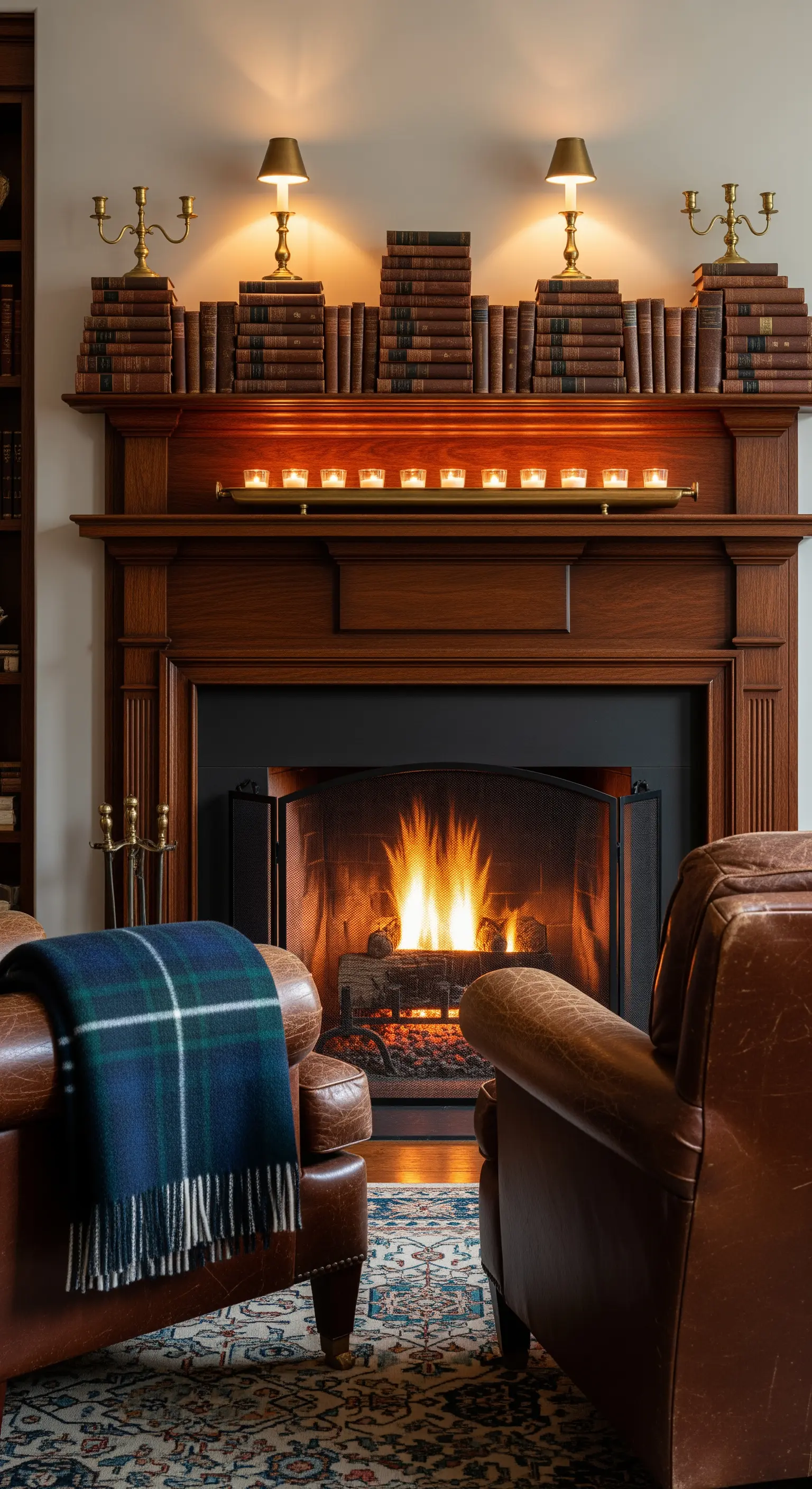 Holzkamin dekoriert mit Stapeln alter Bücher und goldenen Kandelabern.