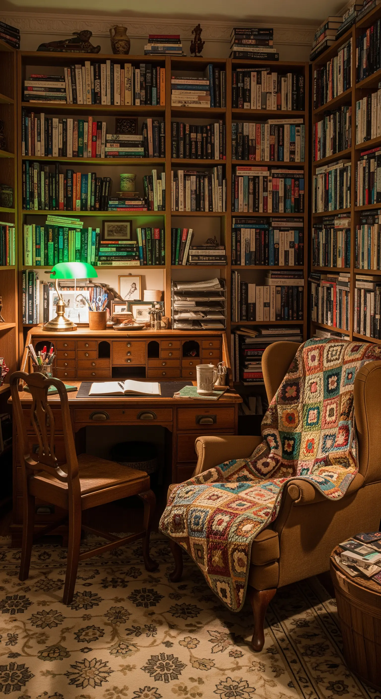 Gemütliches Homeoffice, umgeben von Bücherregalen, mit einem klassischen Holzschreibtisch.