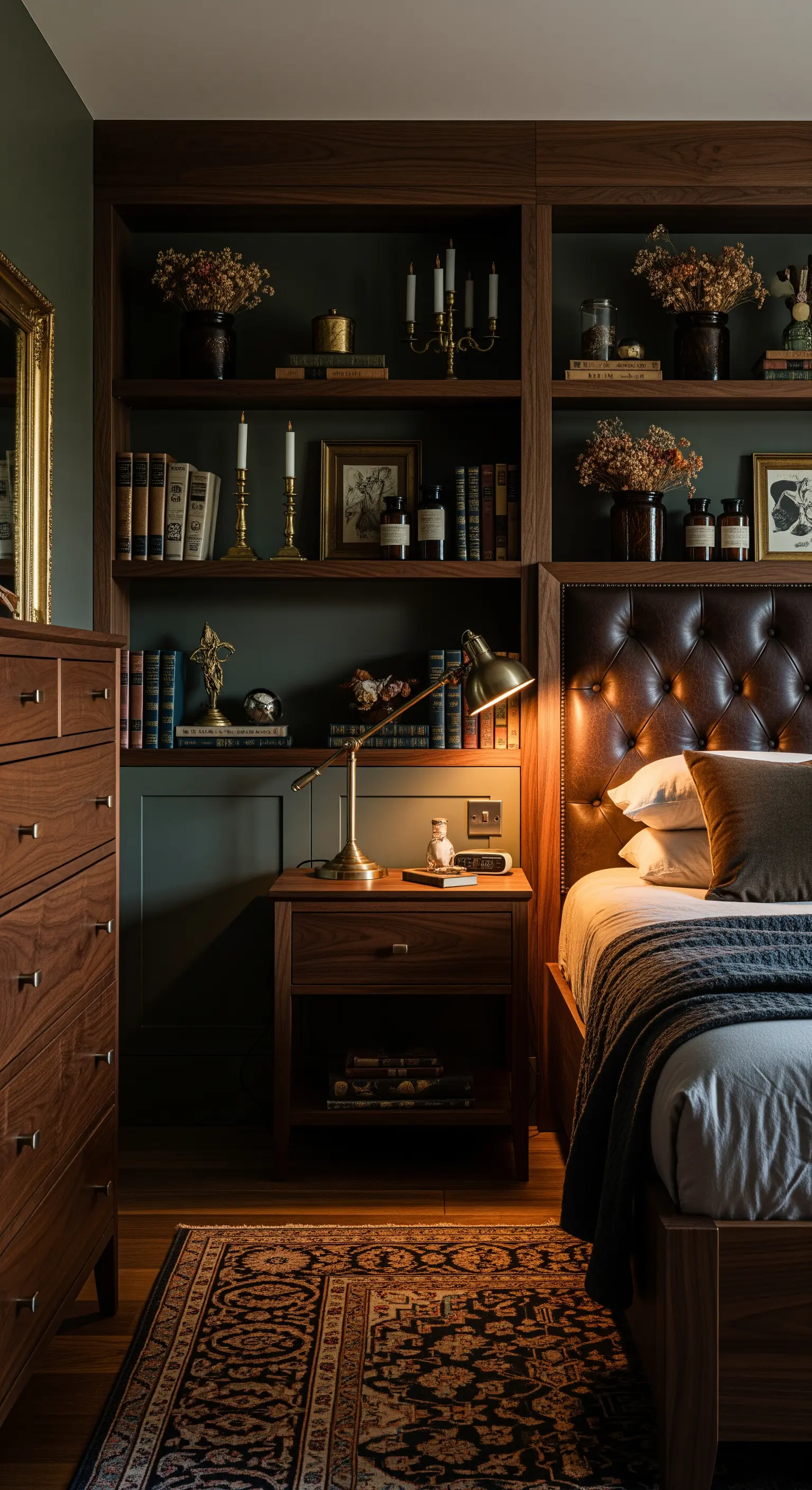 Dunkles, gemütliches Schlafzimmer mit einem großen Bücherregal, das das Lederbett umgibt.