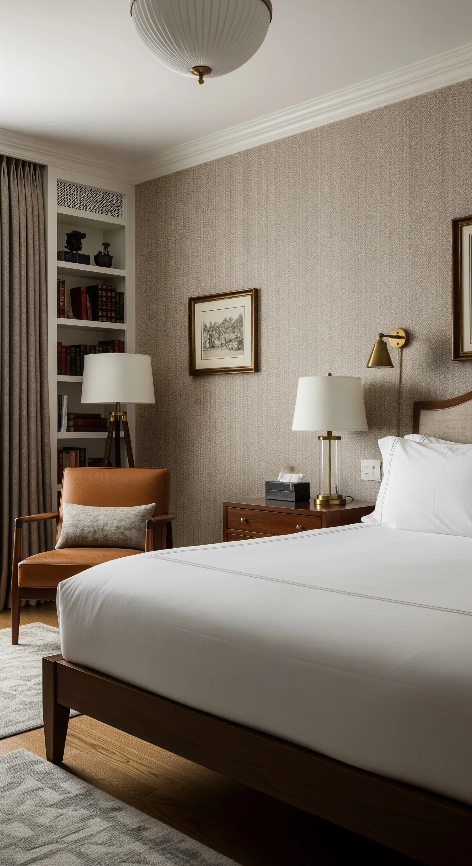 Klassisches Schlafzimmer mit beiger Fischgrät-Tapete und einer gemütlichen Leseecke.