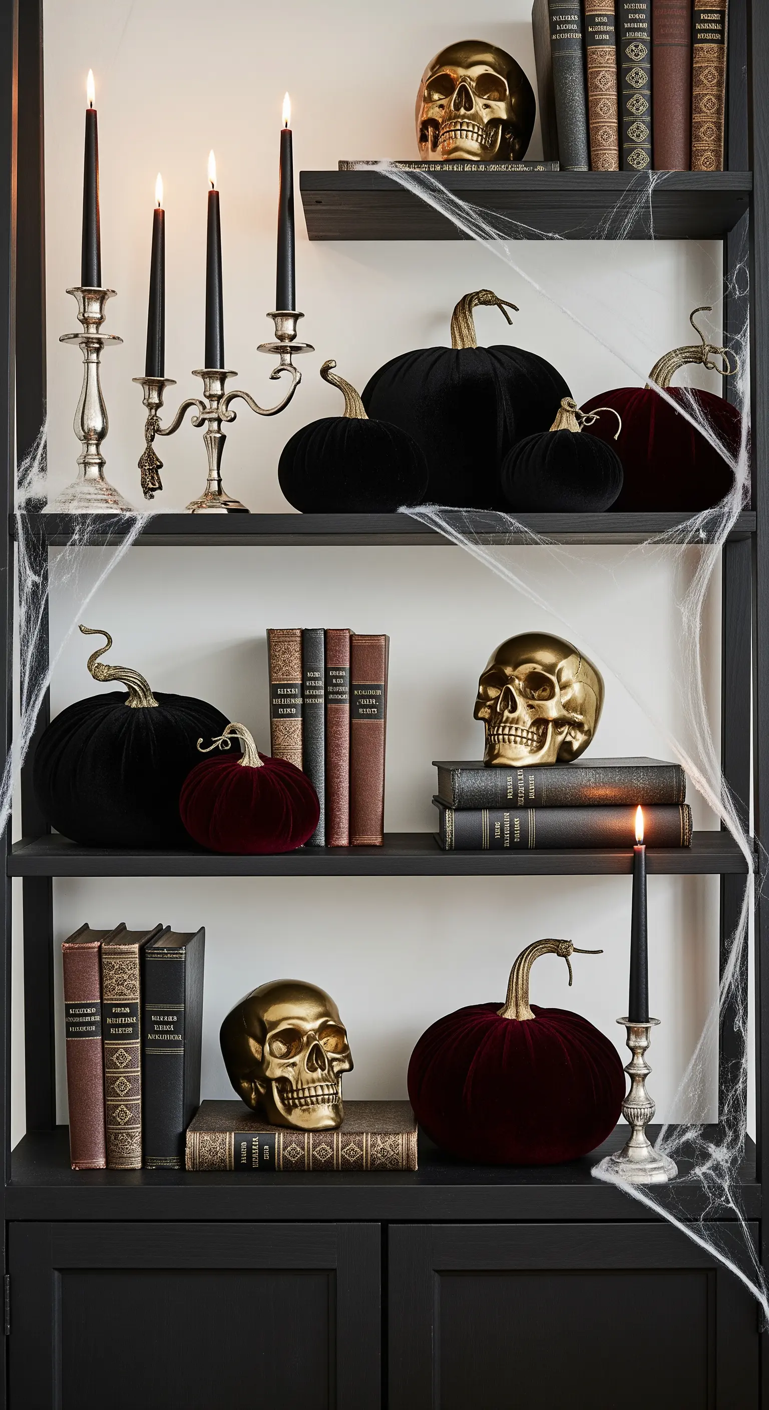 Elegante Halloween-Regal-Deko mit Samtkürbissen, goldenen Schädeln und Kerzenlicht.