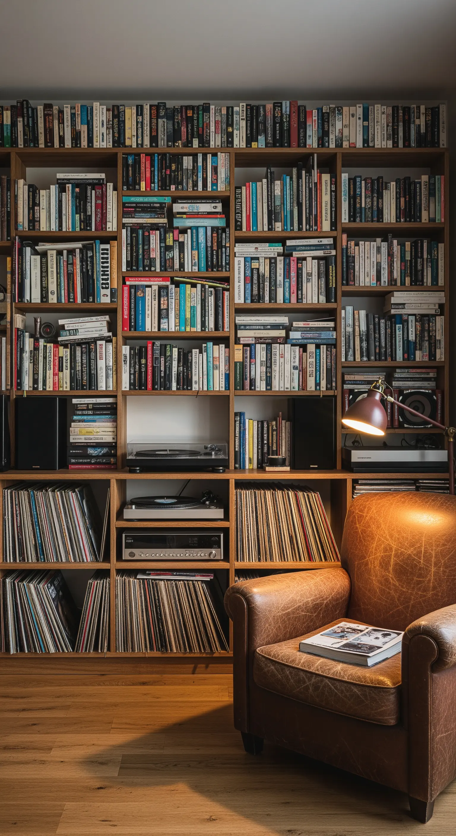Großes Bücherregal, gefüllt mit Büchern und einer großen Vinyl-Sammlung
