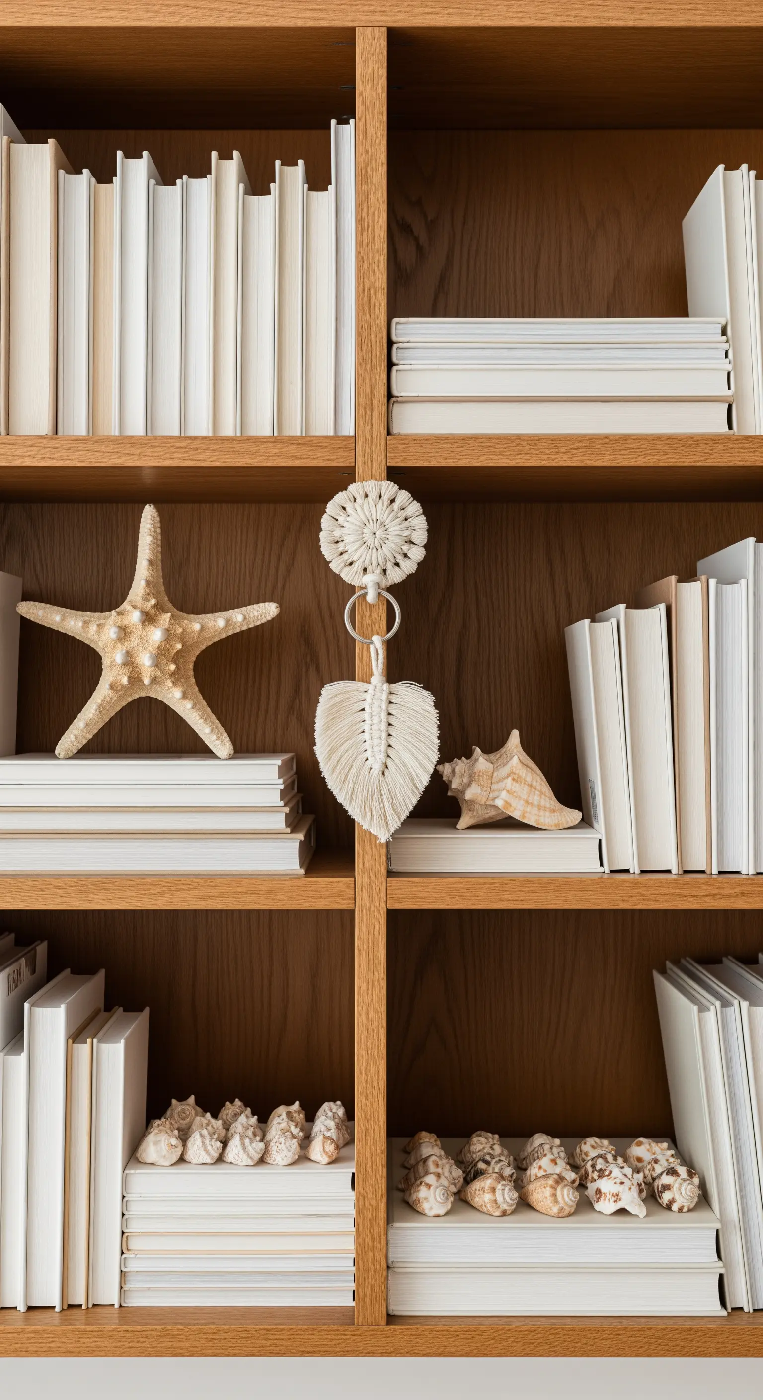 Bücherregal, bei dem die Bücher mit den Seiten nach vorne stehen, dekoriert mit Seestern und Muscheln.