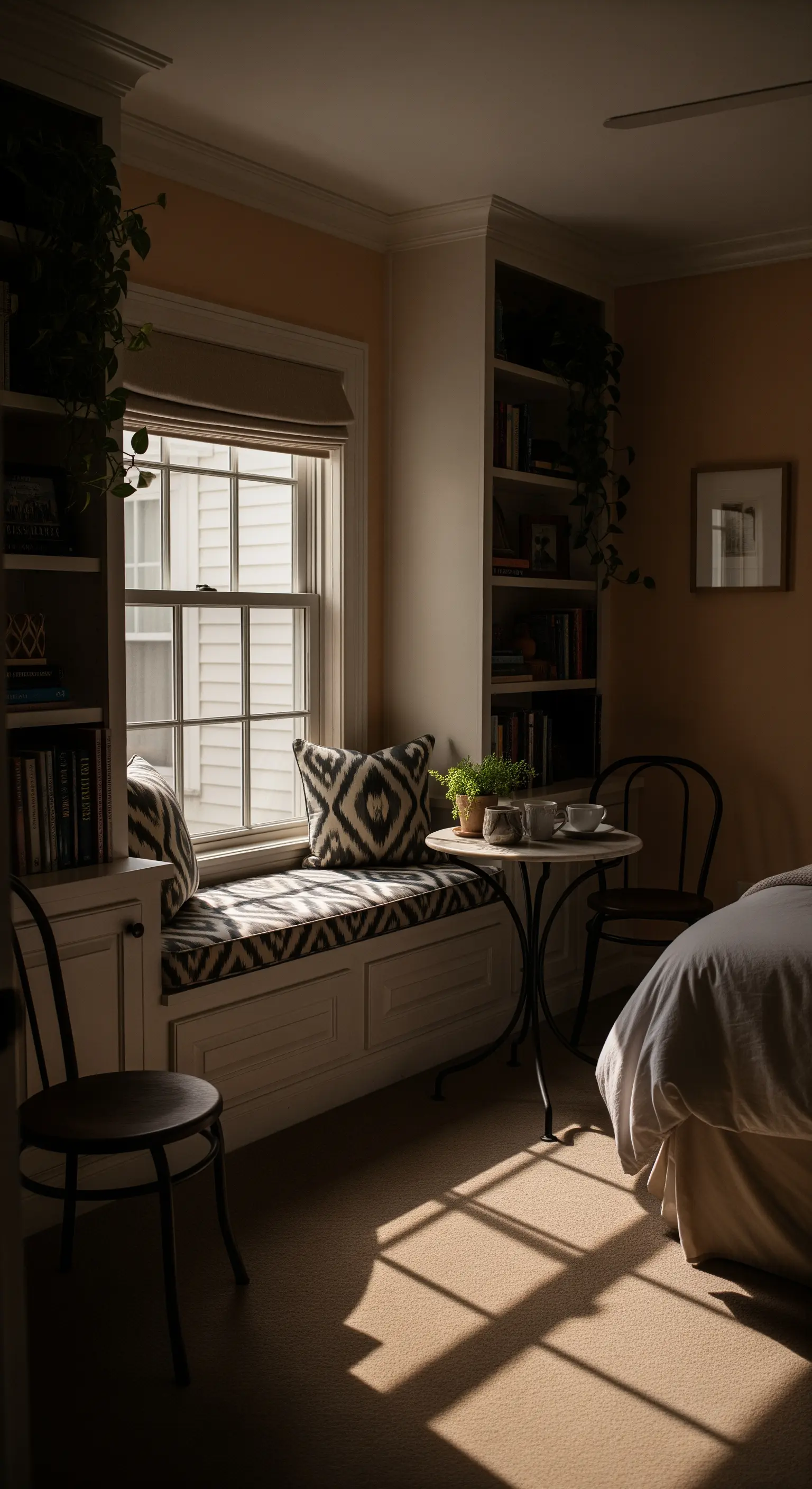 Fensterbank-Sitzplatz eingebaut in Bücherregale, mit kleinem Tisch und Stuhl davor