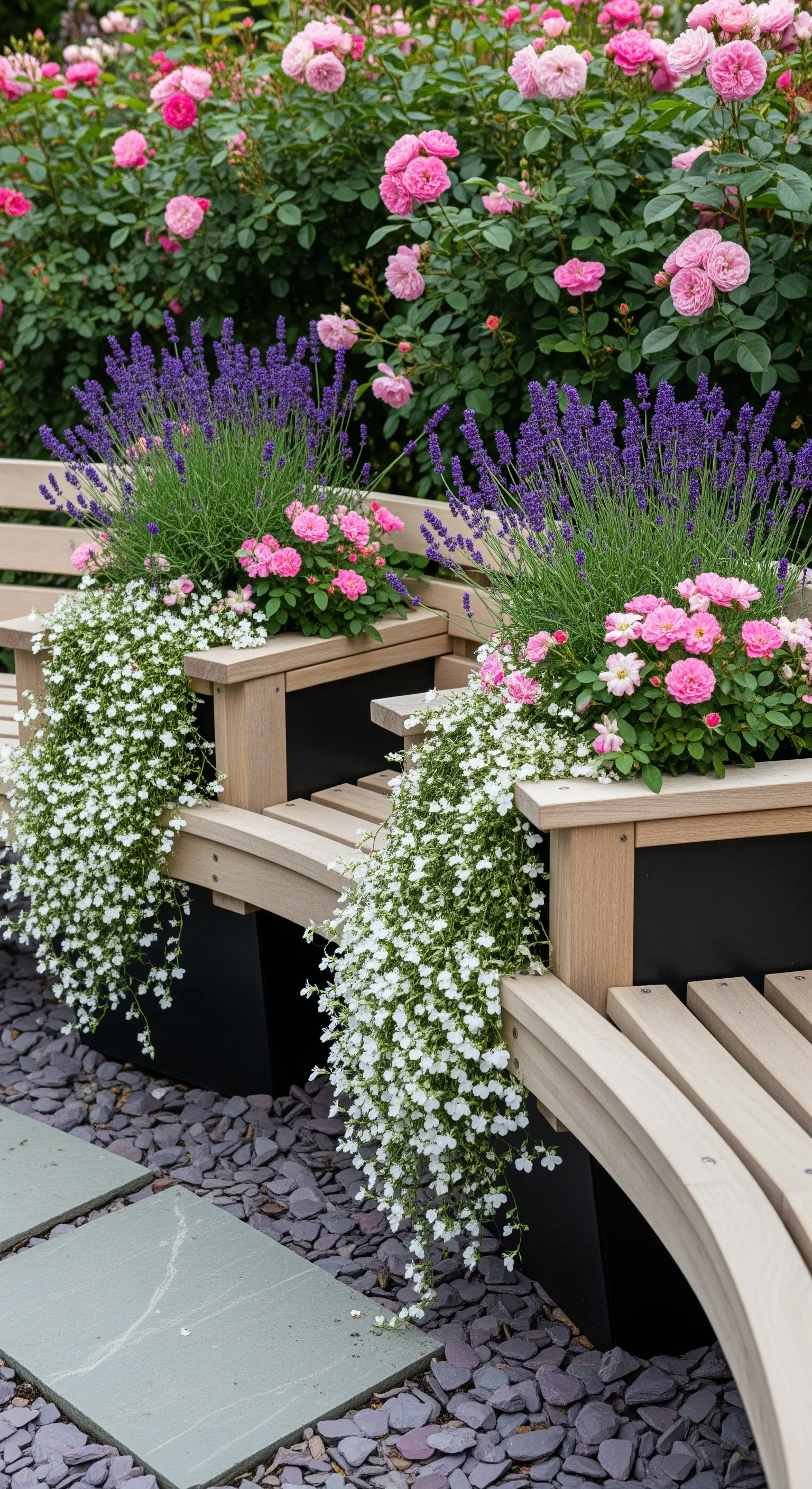 Moderne Holzbänke mit integrierten Pflanzkübeln, gefüllt mit Lavendel, Rosen und weißen Pflanzen.
