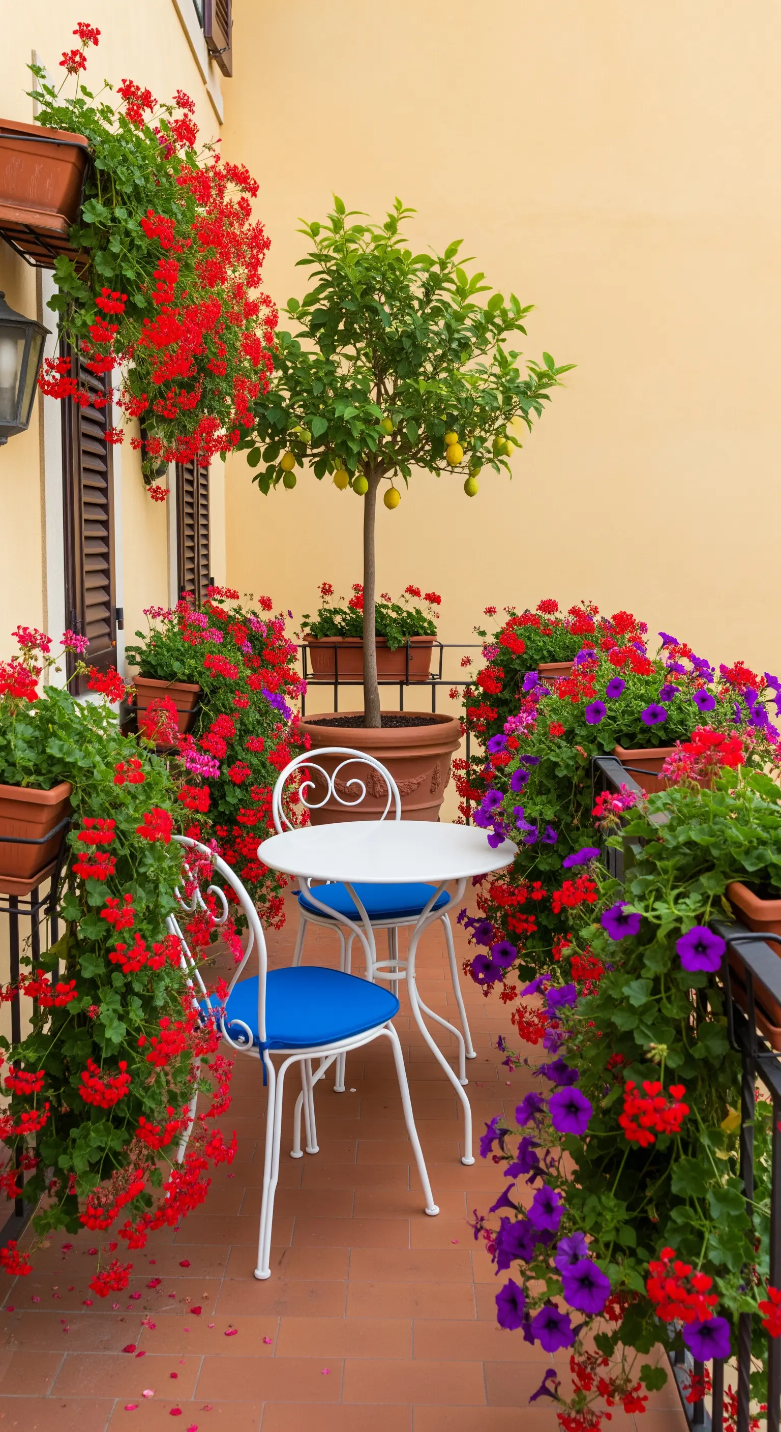 Üppig blühender Balkon mit roten Geranien, Petunien und einem kleinen weißen Bistro-Set.