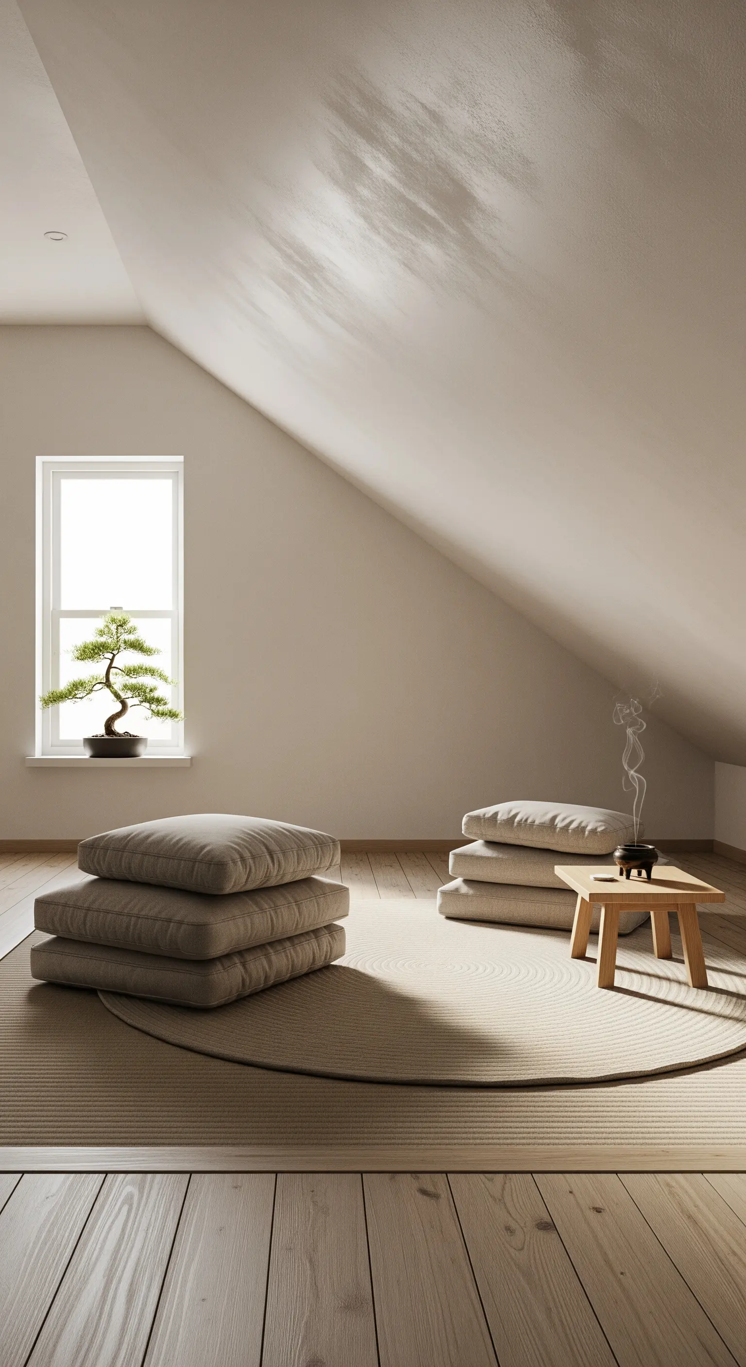 Minimalistische Meditationsecke mit Bodenkissen auf einer runden Matte und einem kleinen Bonsai-Baum.