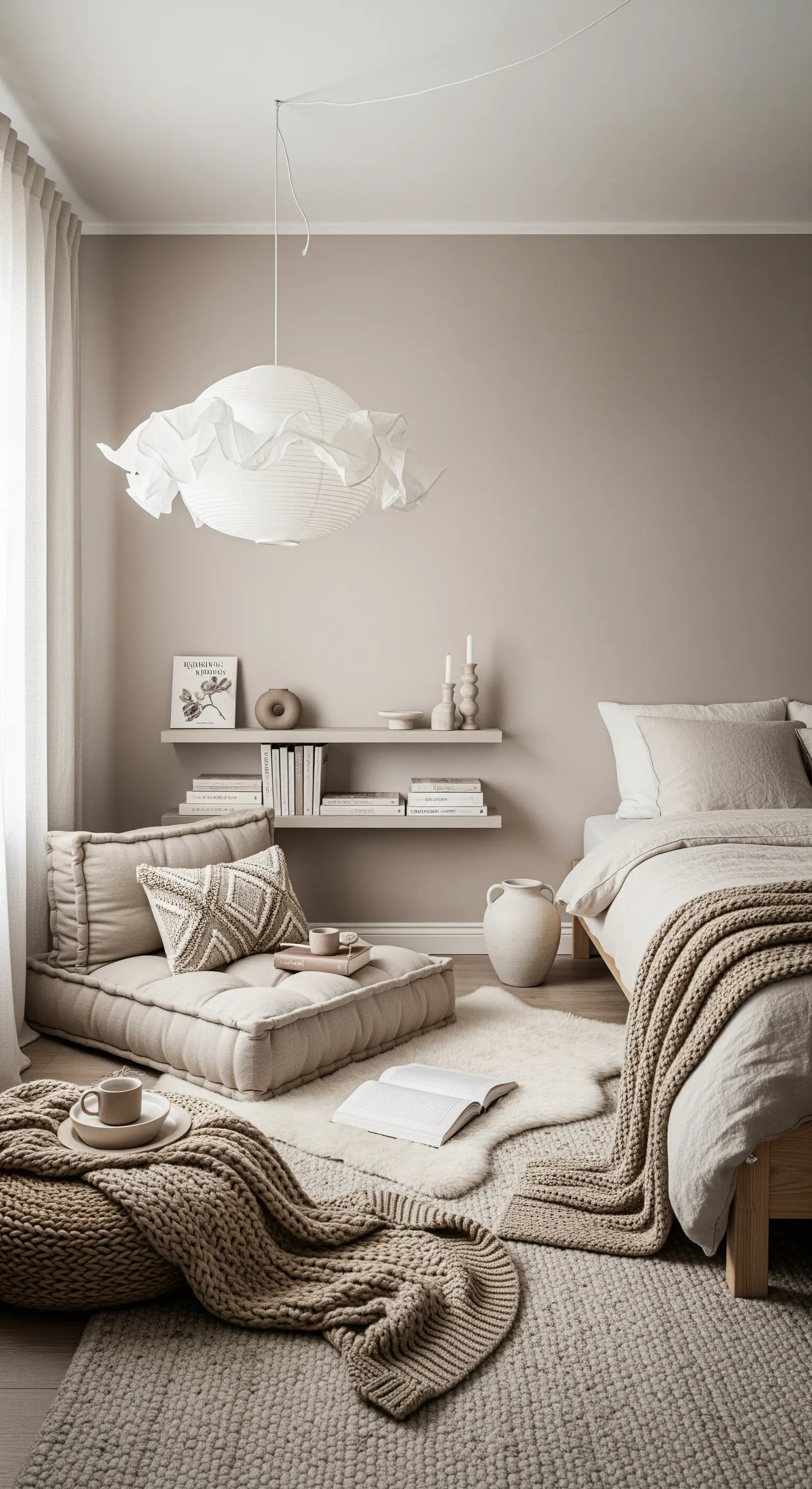 Japandi-Leseecke mit Bodenkissen, niedrigem Regal und neutralen Erdtönen im Schlafzimmer.