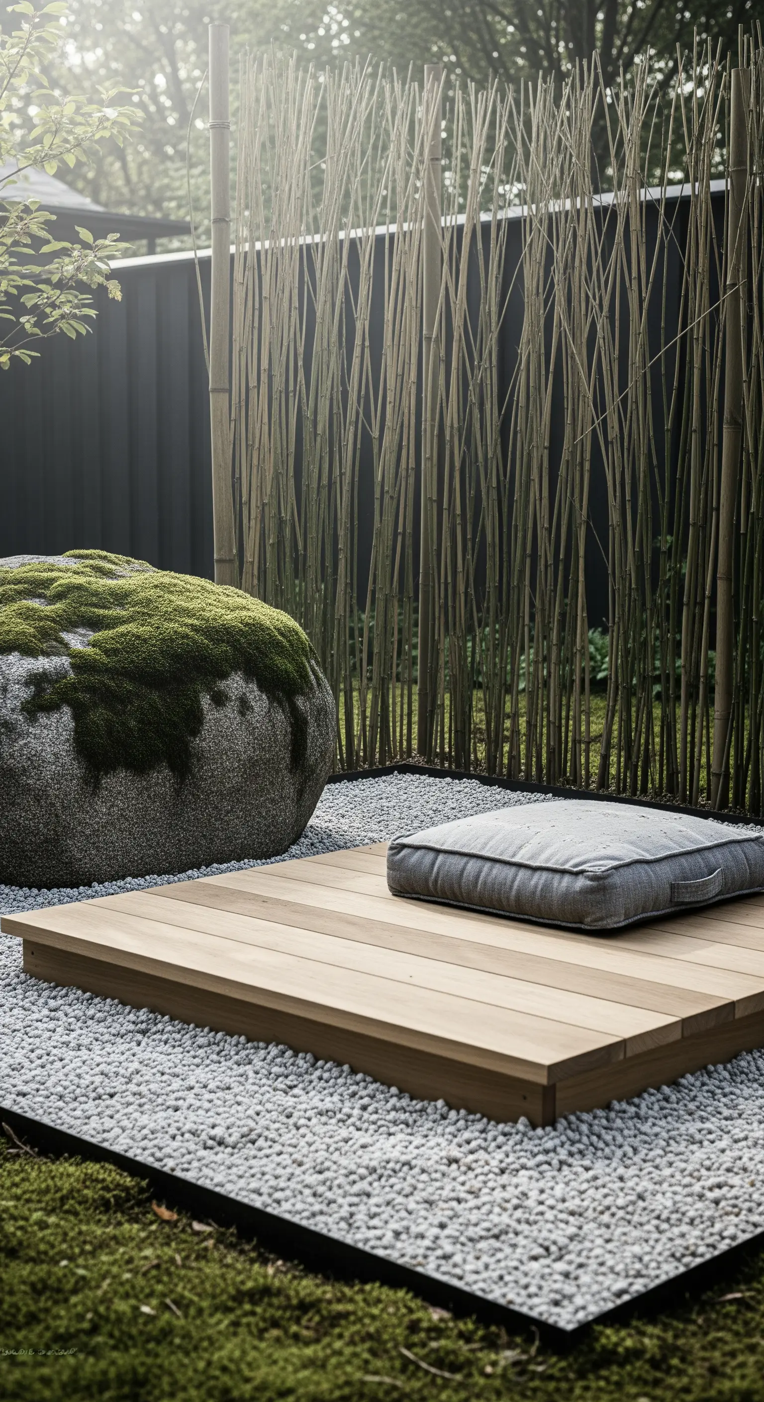 Japandi-Meditationsplattform aus Holz auf hellem Kies mit moosbewachsenem Stein und Bambuswand