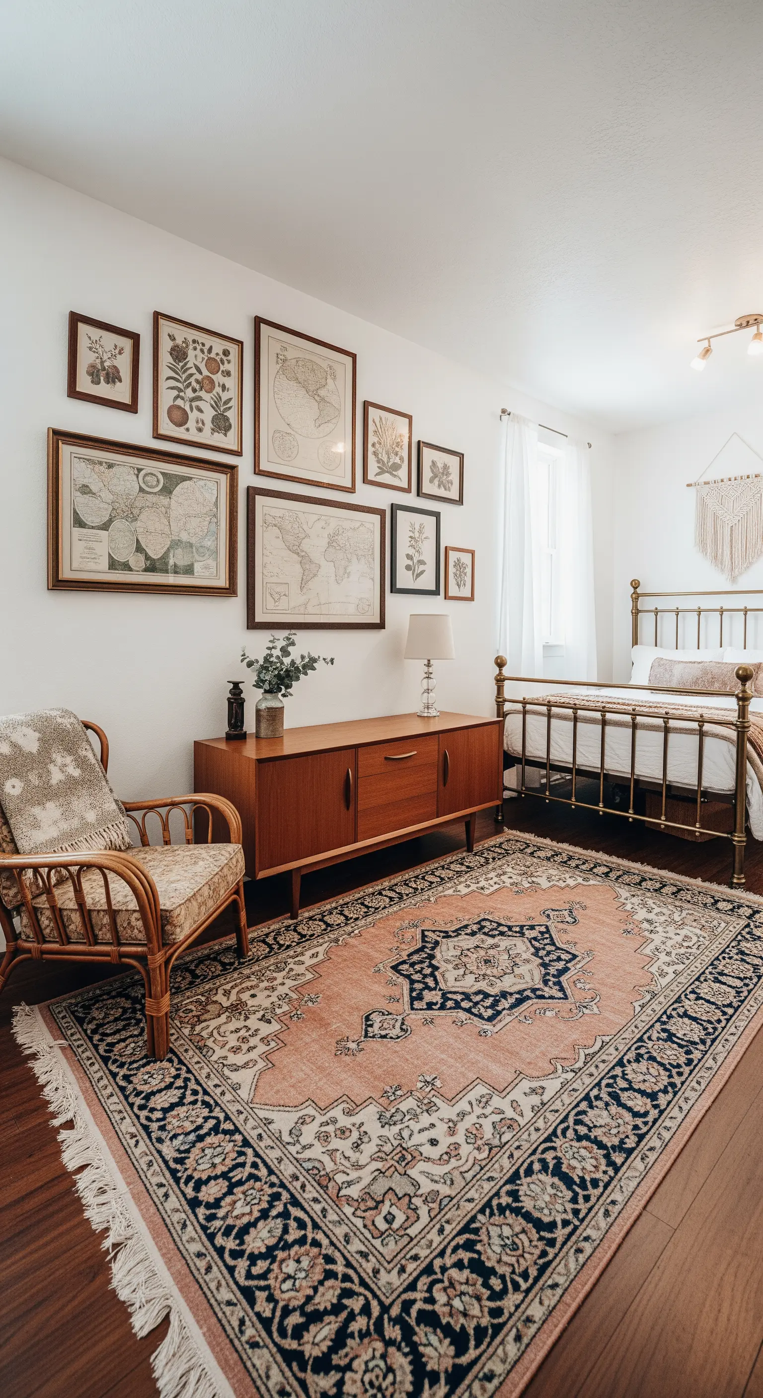 Gallery Wall mit Vintage-Landkarten und botanischen Drucken über einem Mid-Century-Sideboard.