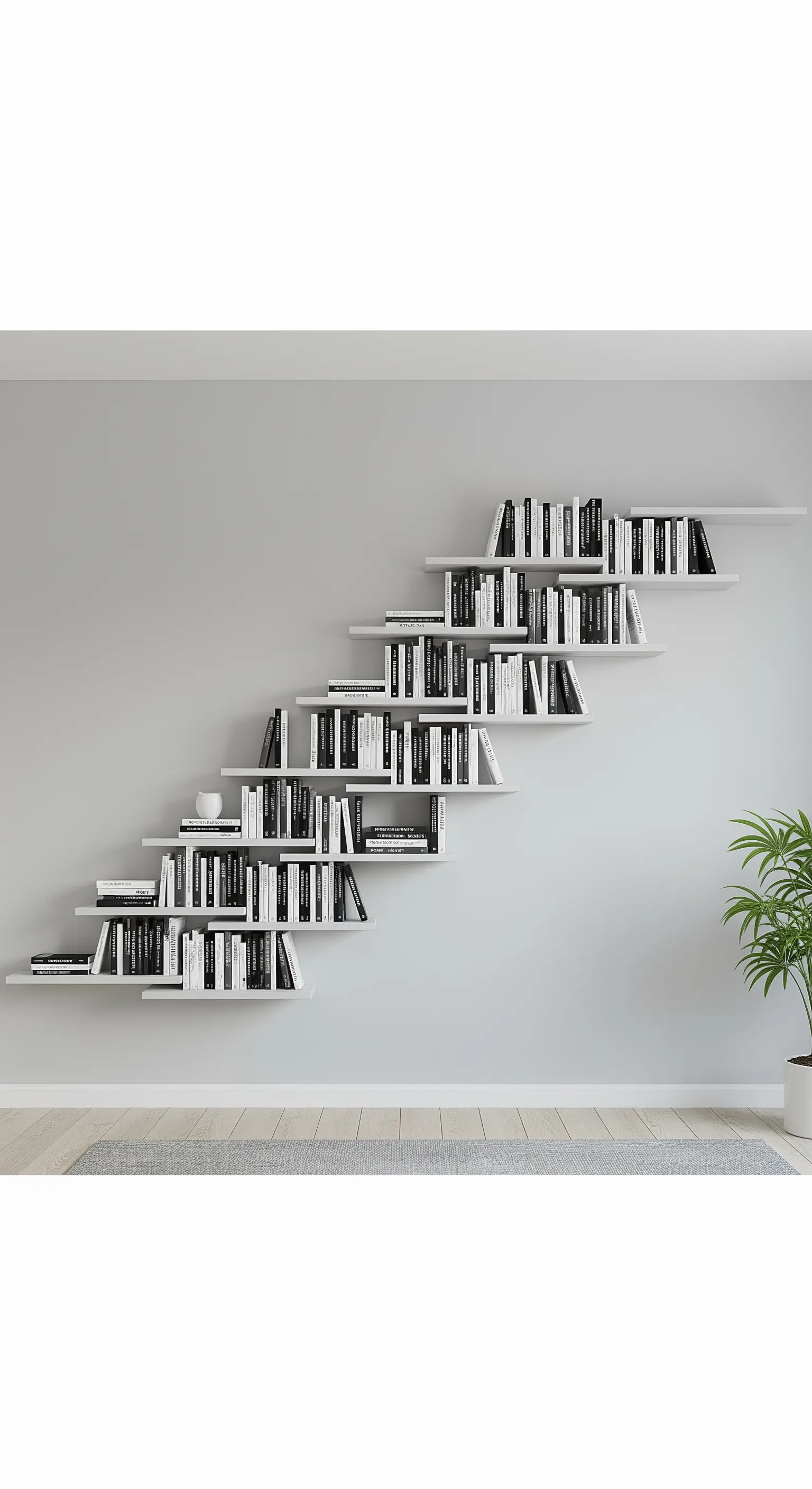 Asymmetrisch angeordnete weiße Wandregale mit monochromen Büchern in Treppenform.