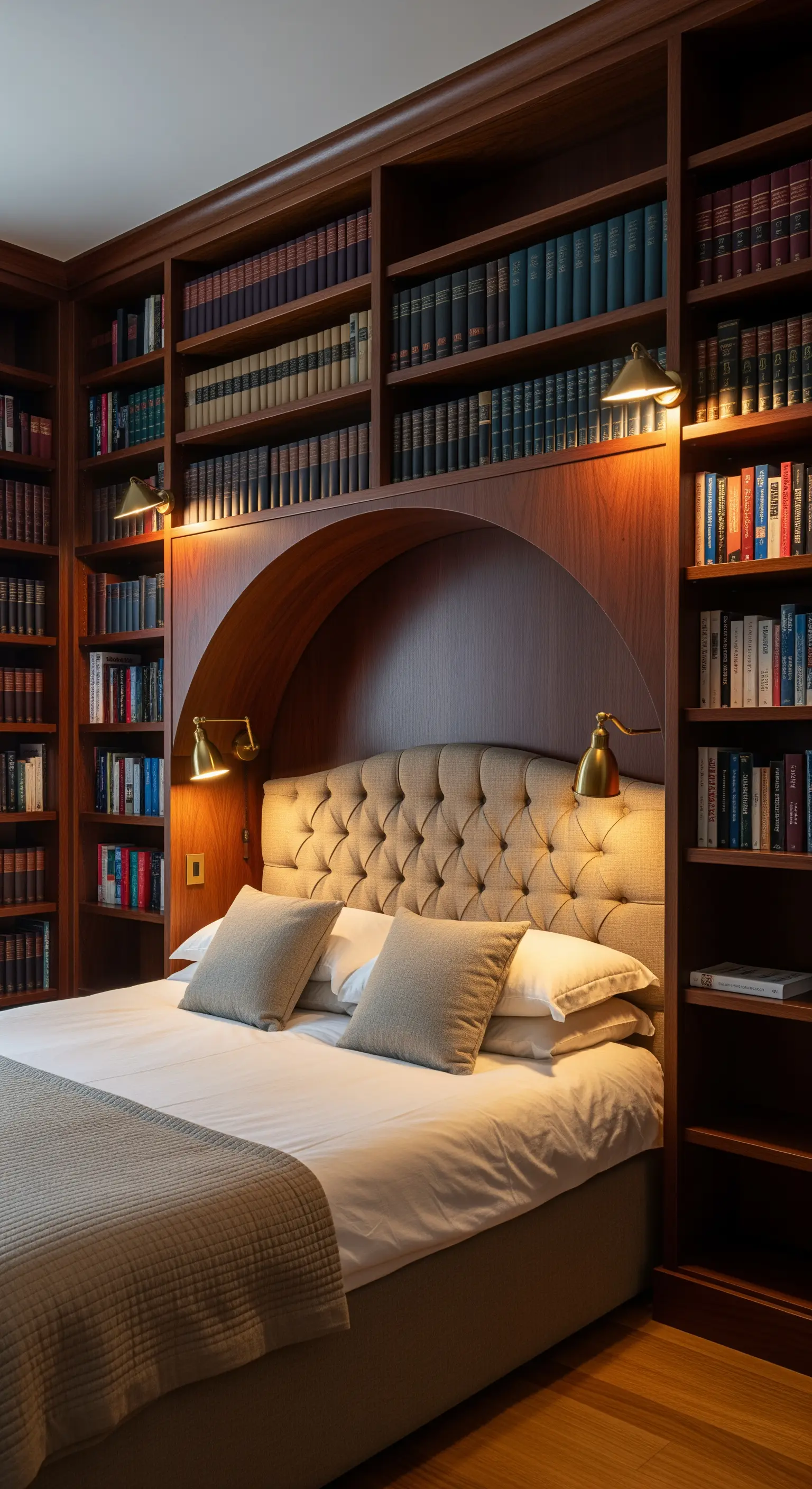 Schlafzimmer mit eingebautem Bücherregal um das Bett und getuftetem Kopfteil.