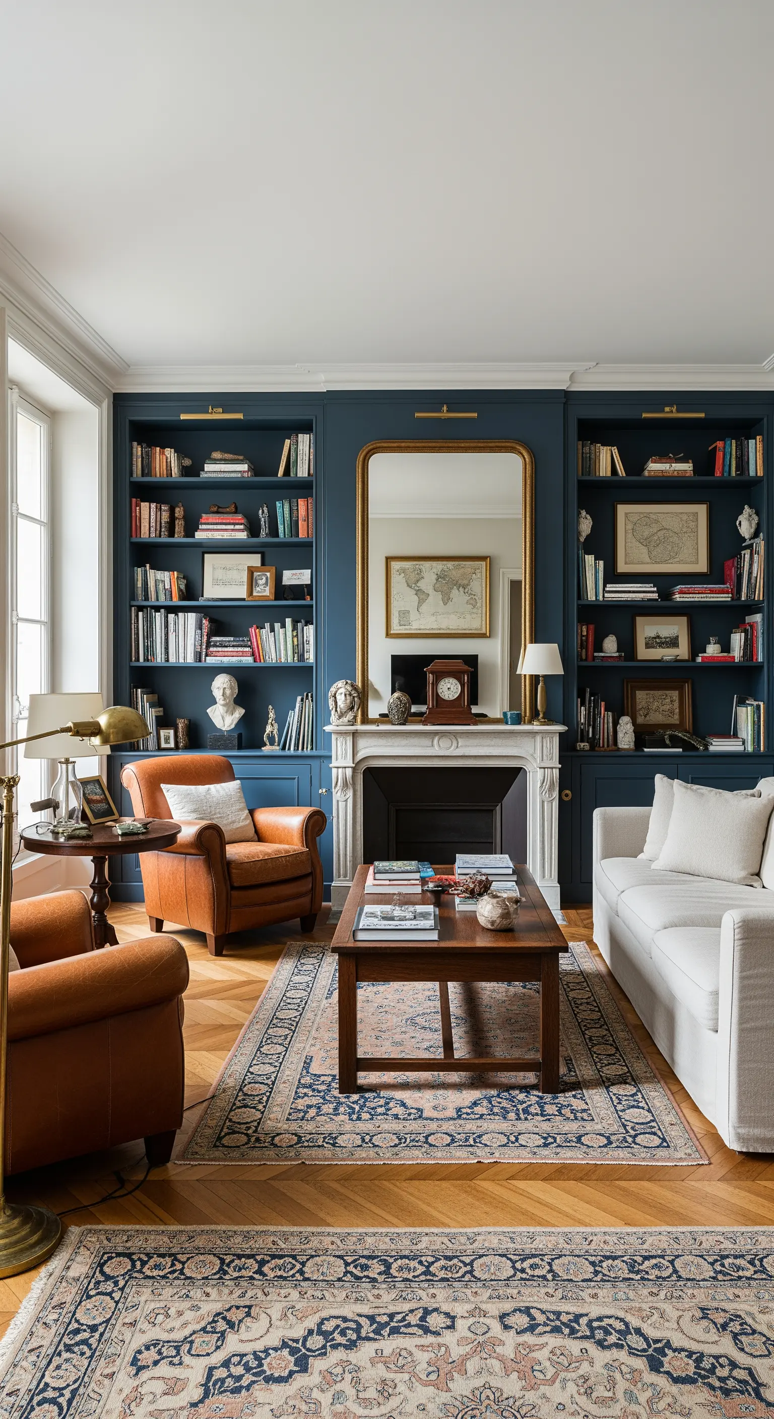 Wohnzimmer mit raumhohen blauen Bücherregalen und einem cognacfarbenen Ledersessel.