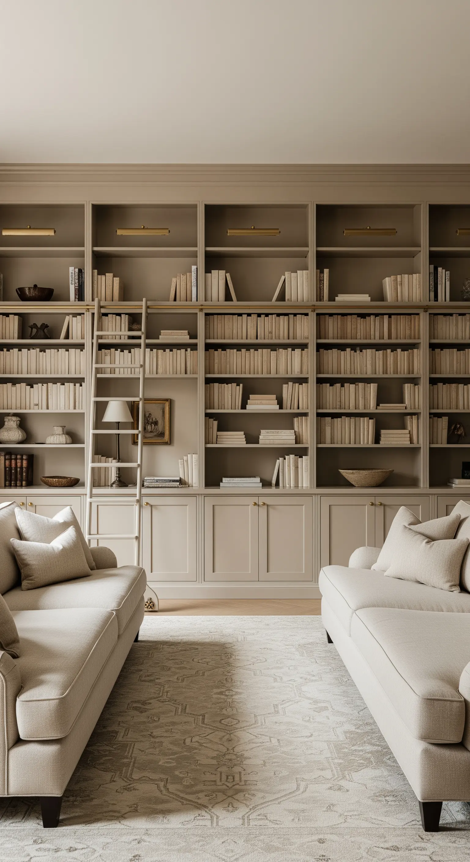 Wohnzimmer mit raumhoher beiger Bücherwand und zwei hellen Sofas.