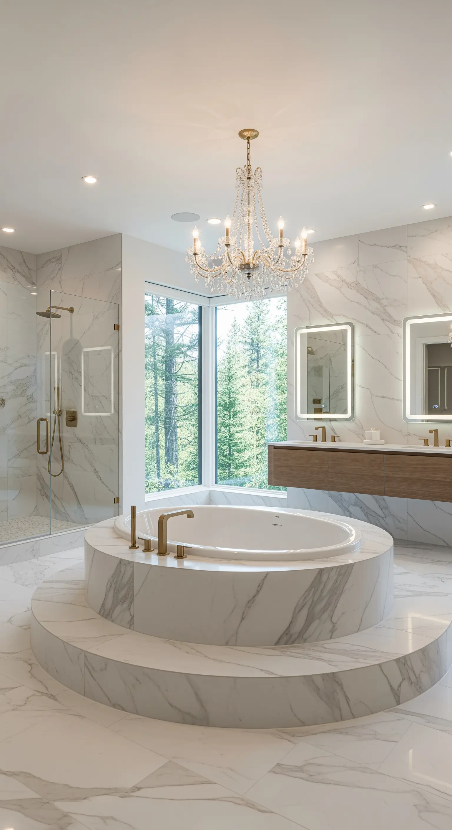 Rundes Badewannen-Podest aus weißem Marmor mit goldenen Armaturen und Kristallleuchter