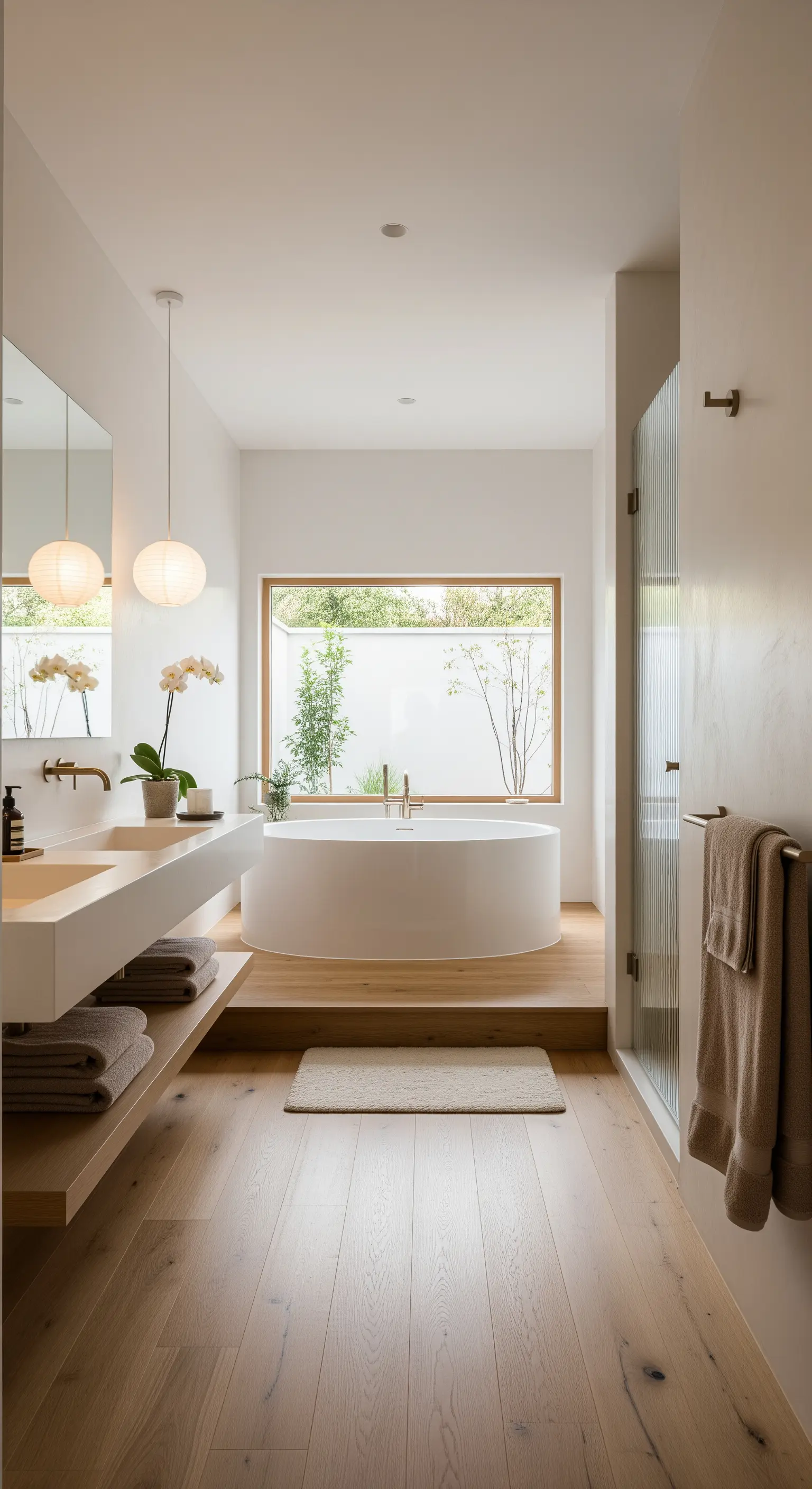 Helles Japandi-Badezimmer mit runder Badewanne auf einem Holzpodest