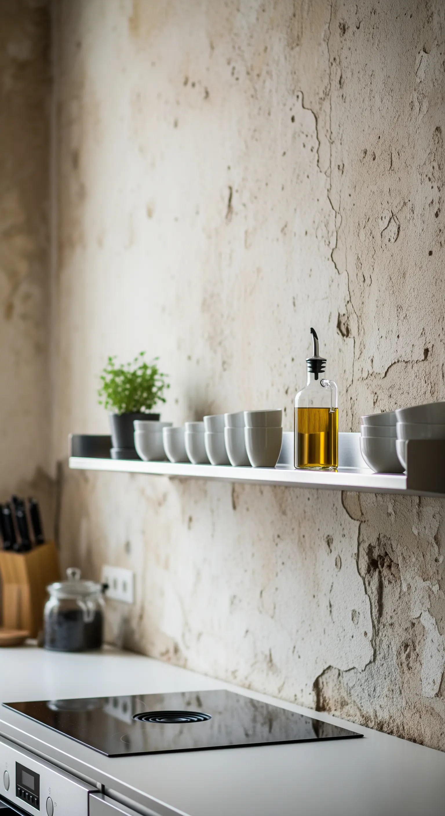 Ein weißes, minimalistisches Regal mit Keramikschalen vor einer rauen, alten Wand.