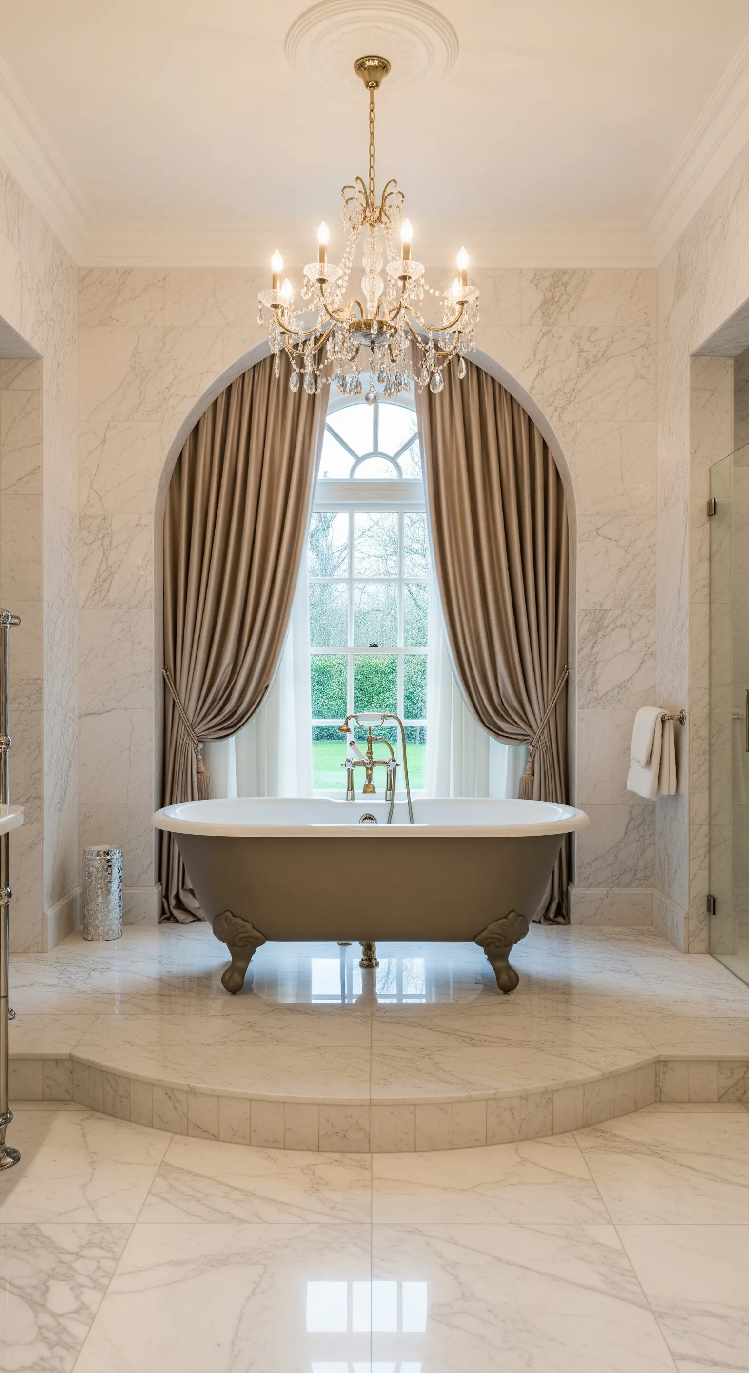 Freistehende Badewanne auf einem Marmorpodest mit Kronleuchter und champagnerfarbenen Vorhängen.