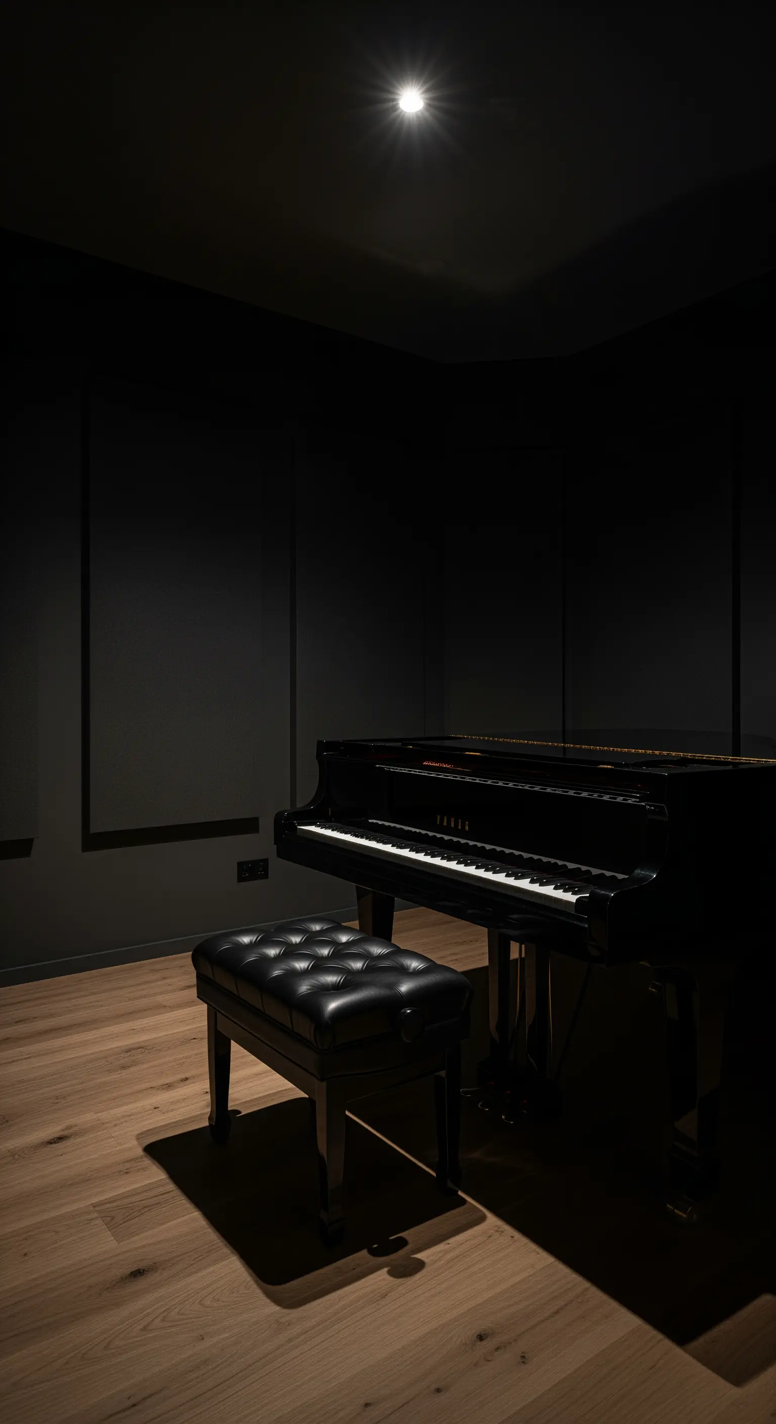 Ein schwarzer Flügel in einem komplett dunklen Raum, nur von einem einzelnen Spotlight beleuchtet