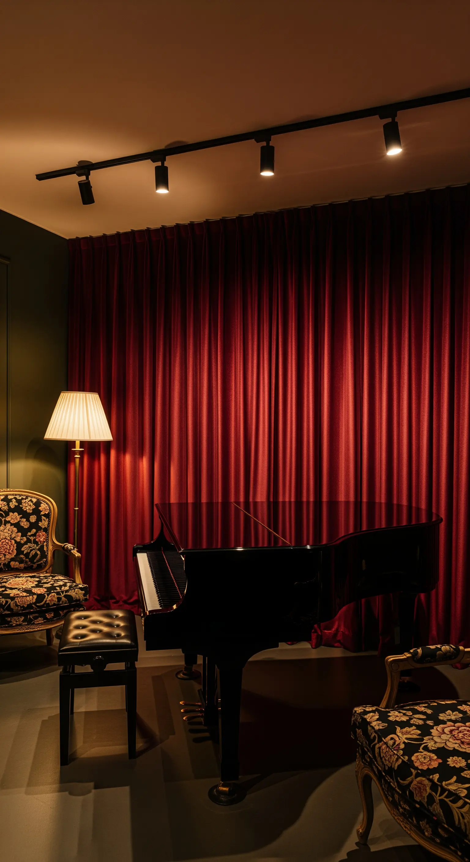 Musikzimmer mit einem schwarzen Flügel vor einer Wand aus roten Samtvorhängen.