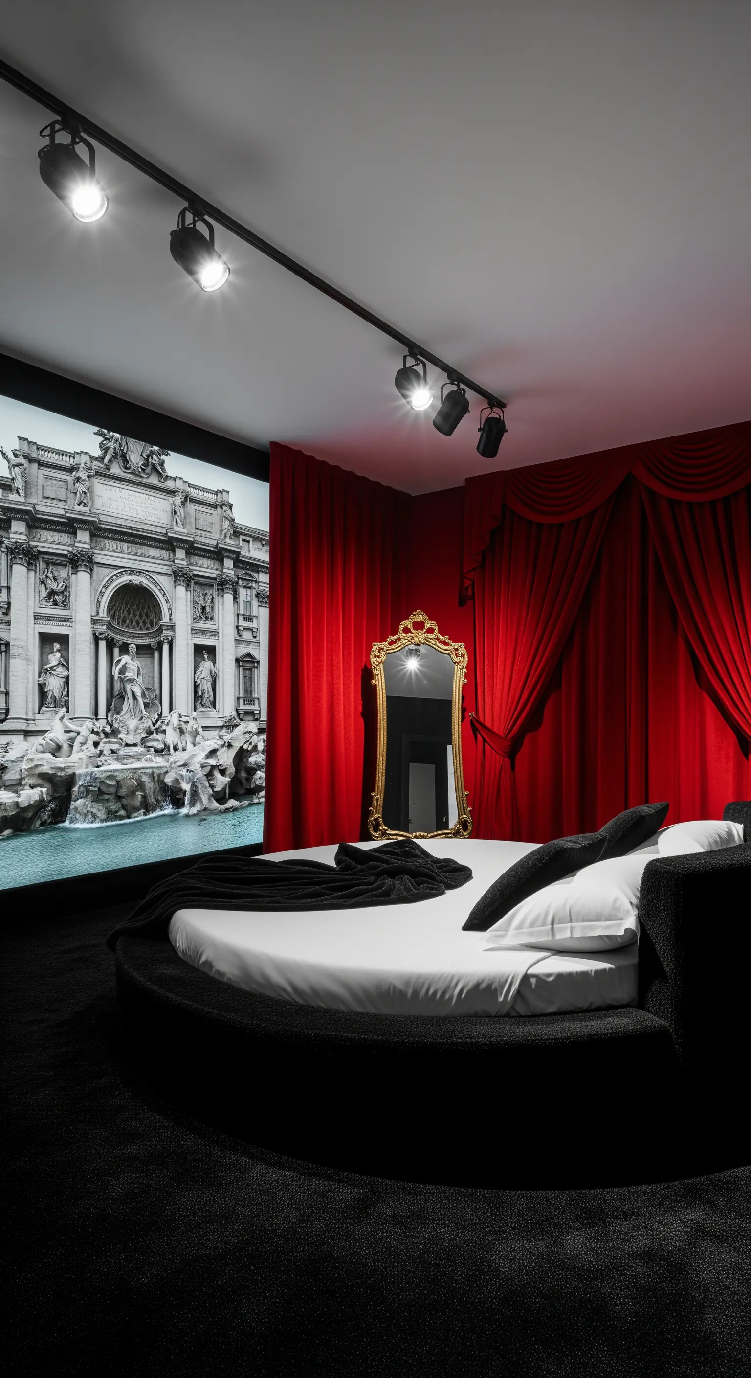 Extravagantes Schlafzimmer mit rundem Bett, roten Samtvorhängen und Fotowand.