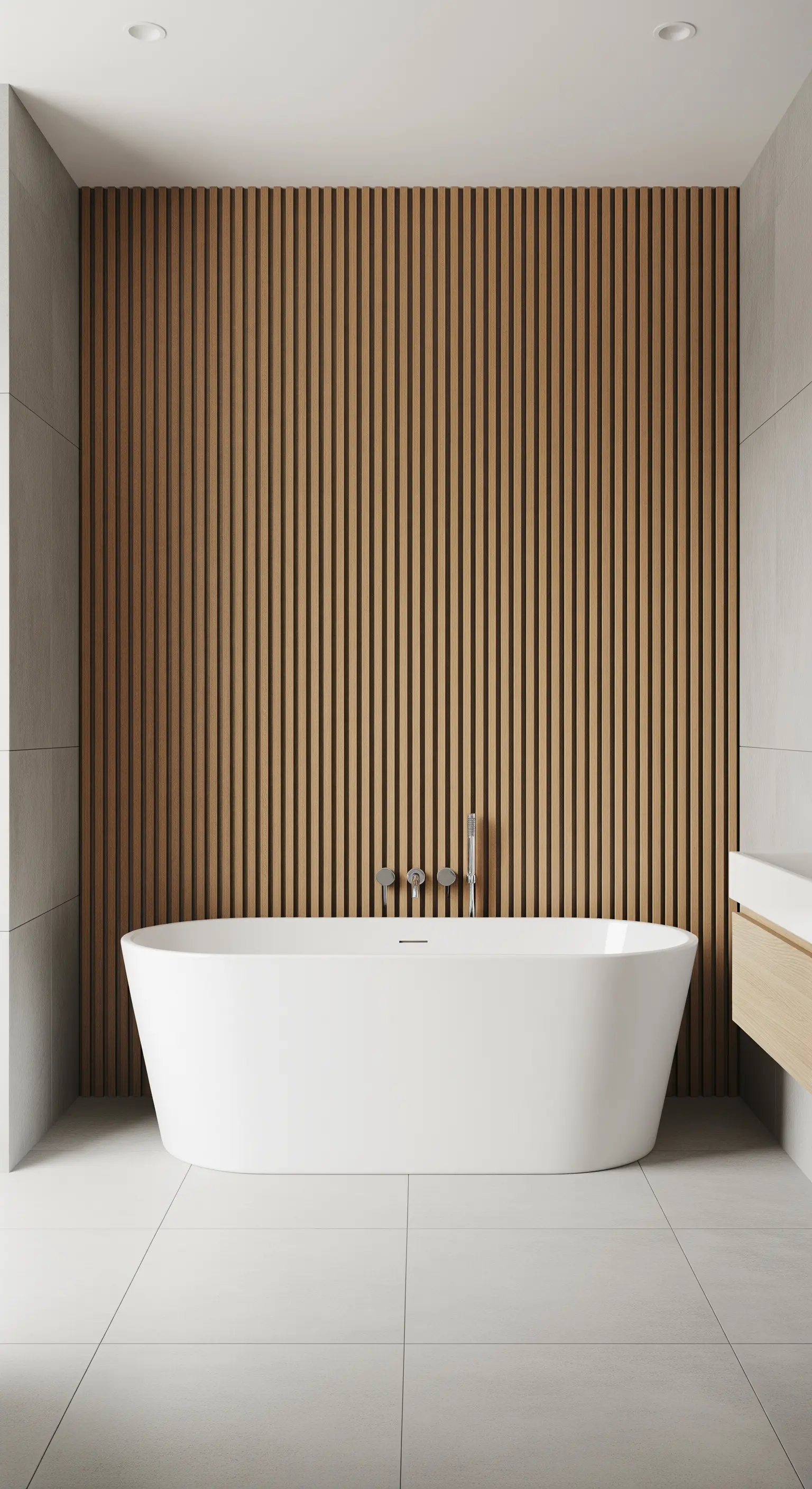 Freistehende Badewanne vor einer Akzentwand aus vertikalen Holzleisten.