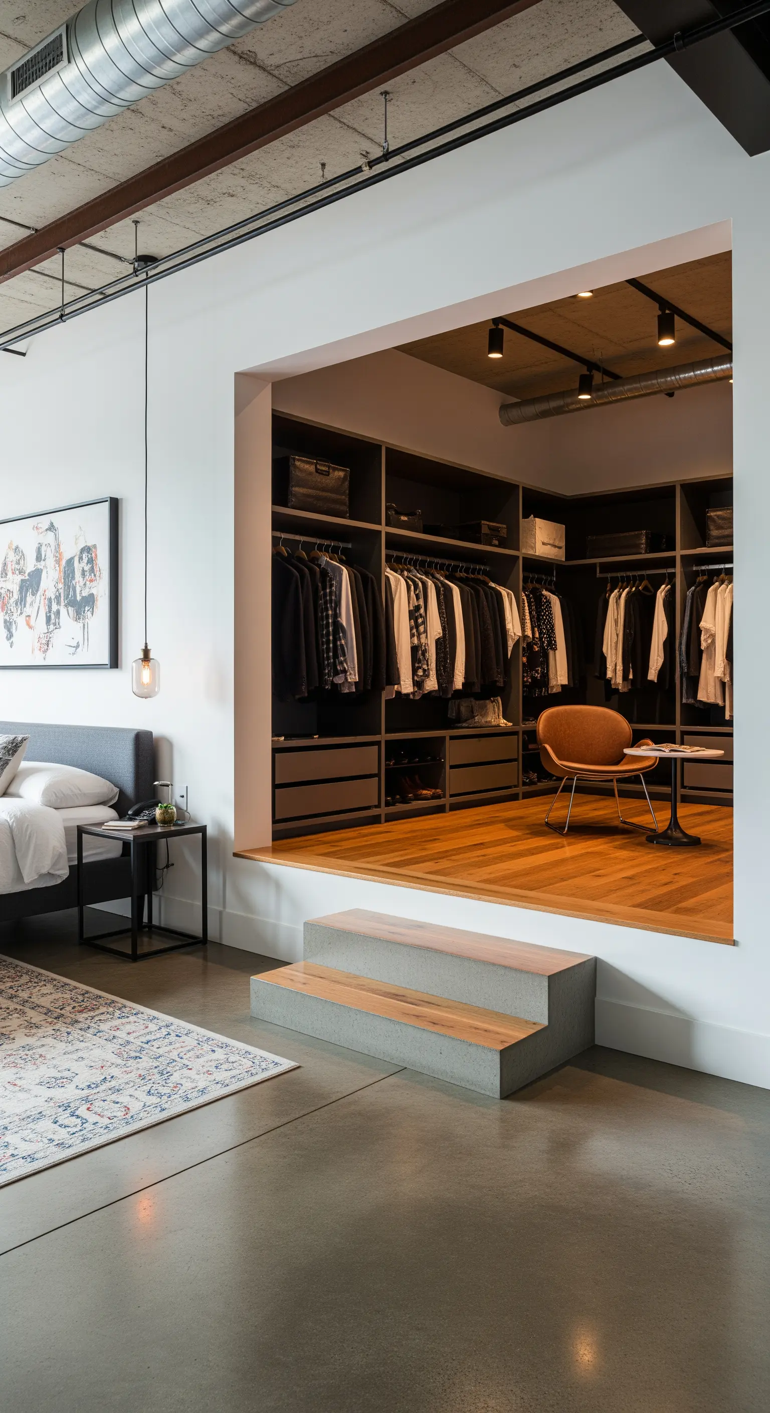 Industrielles Loft-Schlafzimmer mit einem erhöhten, offenen Ankleidebereich auf einem Podest