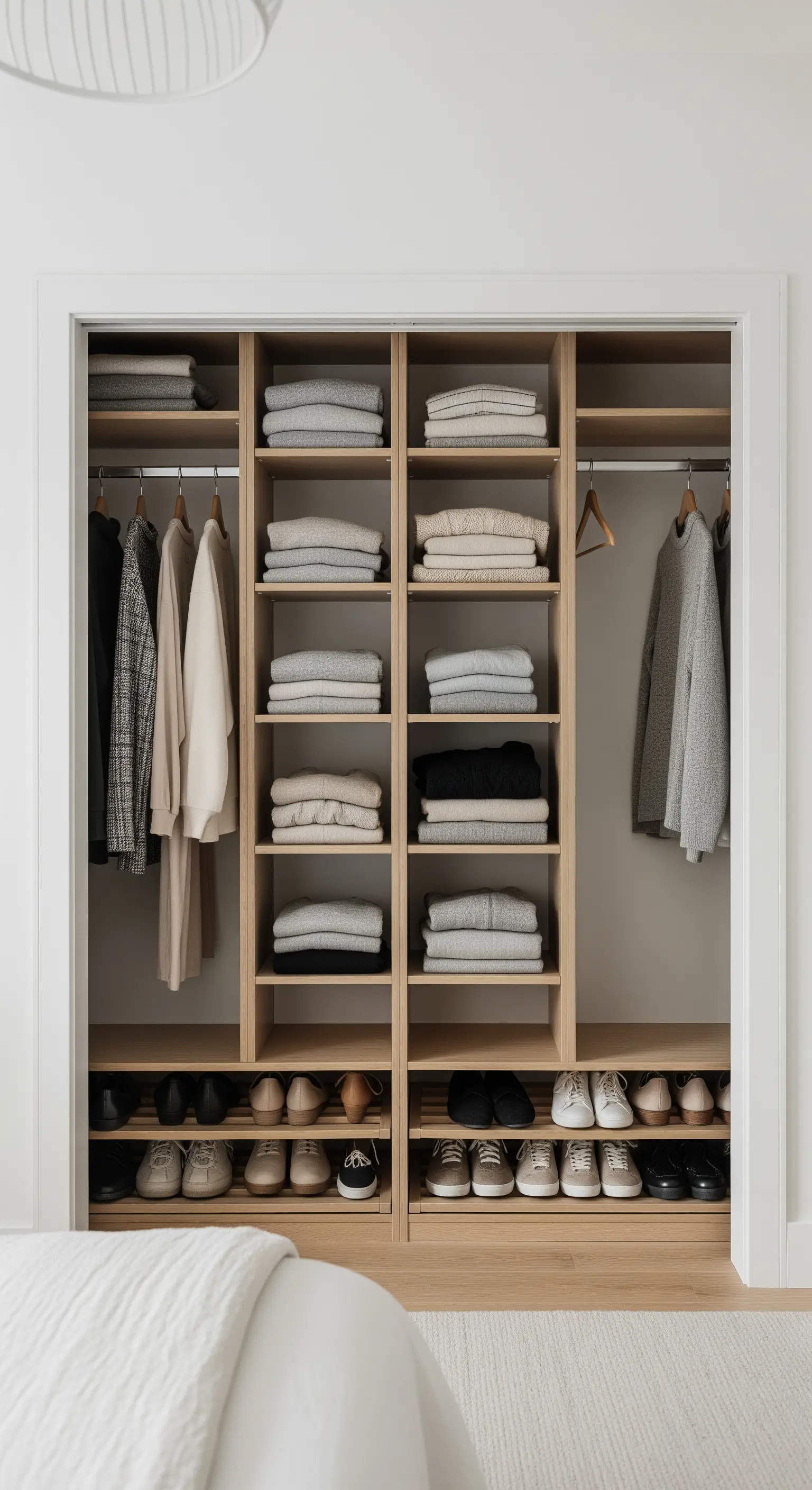 Offener Kleiderschrank mit gefalteter Kleidung und hängenden Stücken in neutralen Farben.