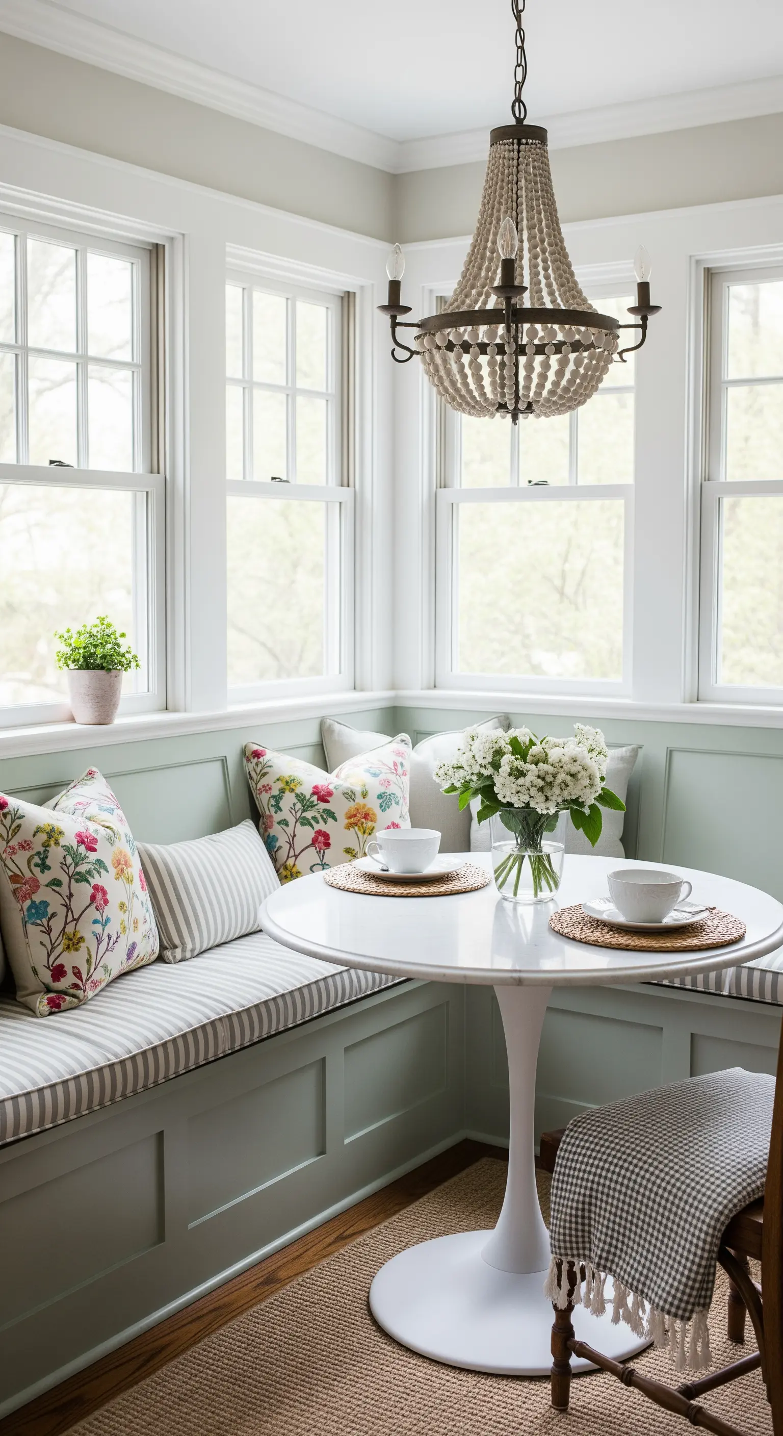 Helle Frühstücksecke mit salbeigrüner Sitzbank, gemusterten Kissen und einem Perlen-Kronleuchter.