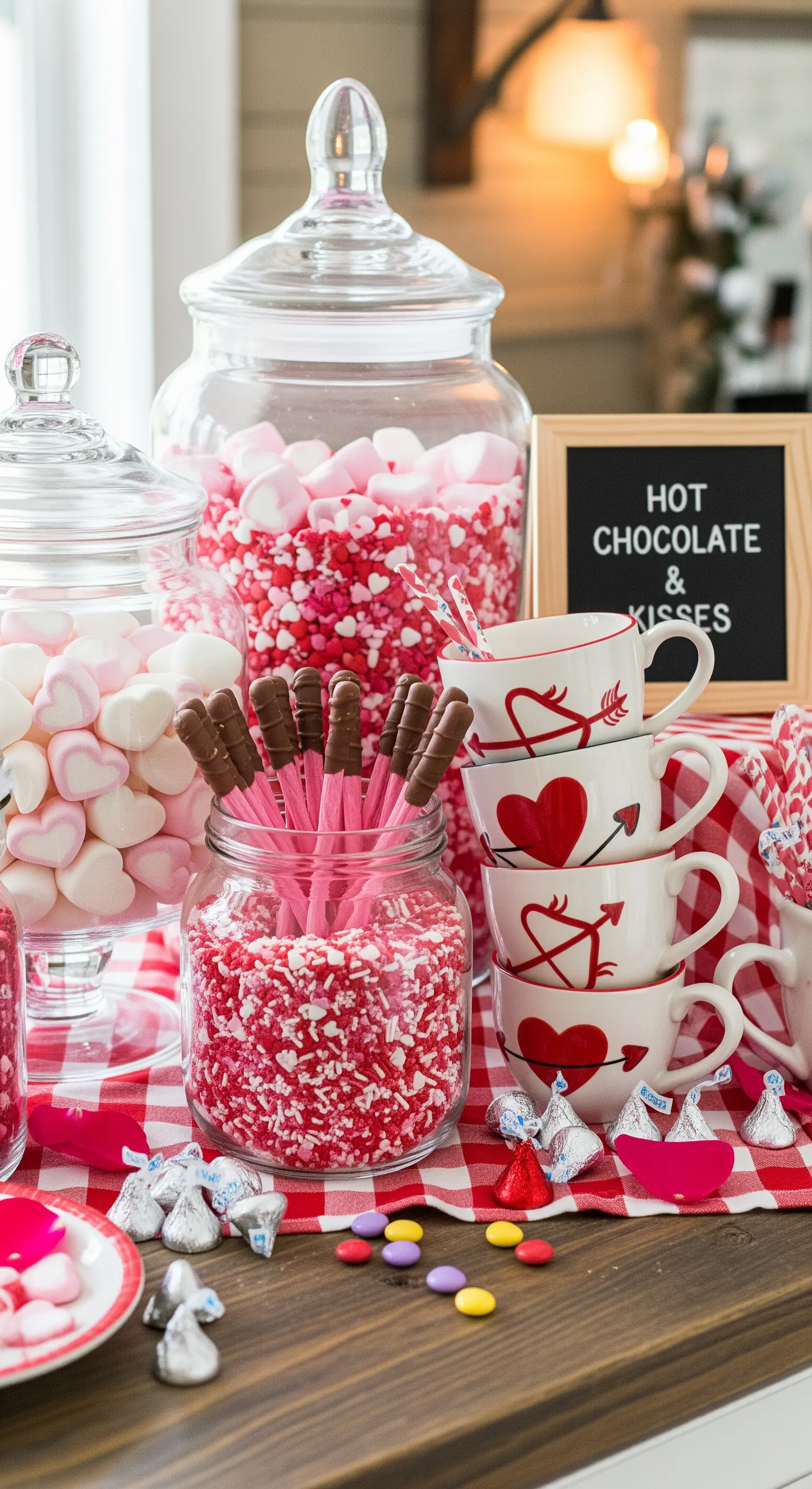 Eine „Hot Chocolate Bar“ mit Gläsern voller Süßigkeiten und gestapelten Tassen.