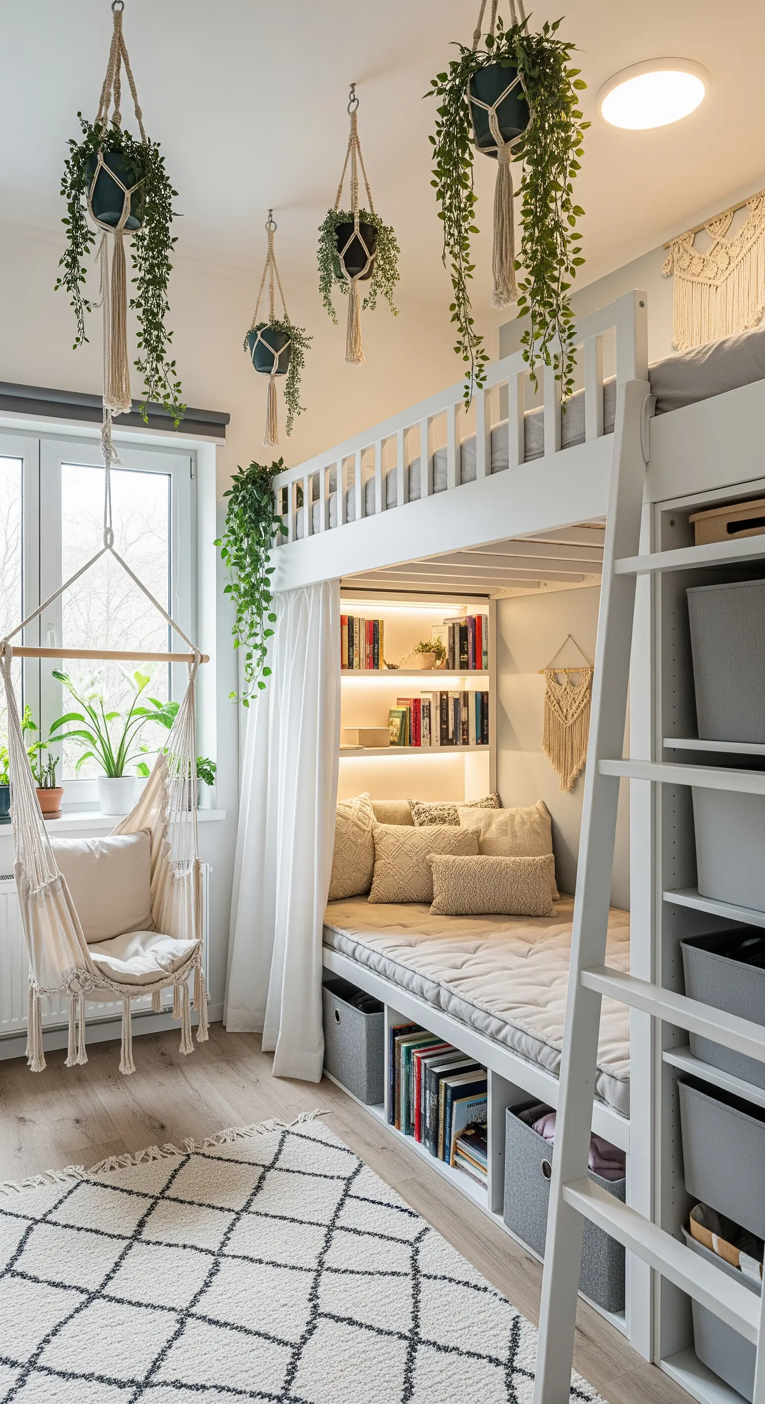 Gemütliche Leseecke mit Büchern und Kissen unter einem weißen Hochbett.