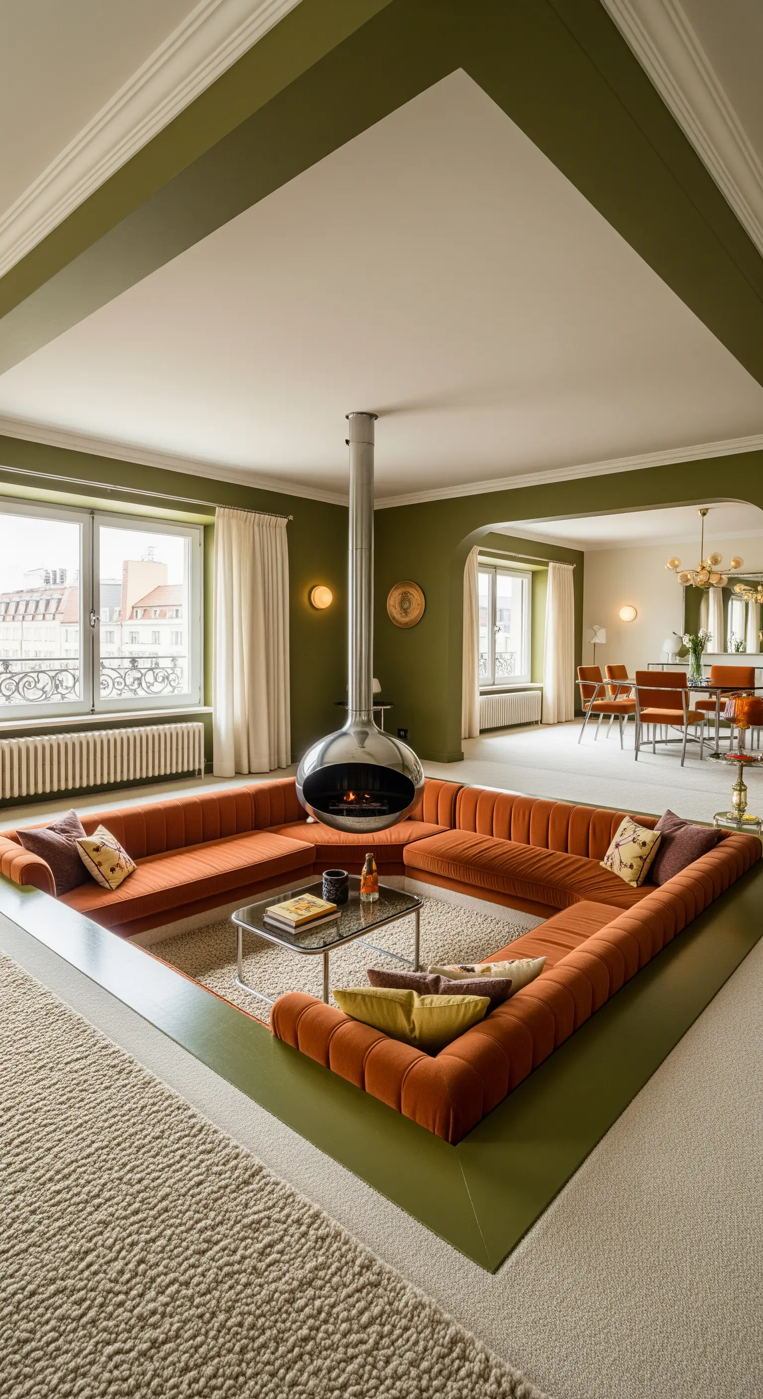 Abgesenkte Sitzecke im 70er-Jahre-Stil mit orangefarbenem Sofa und hängendem Kamin.
