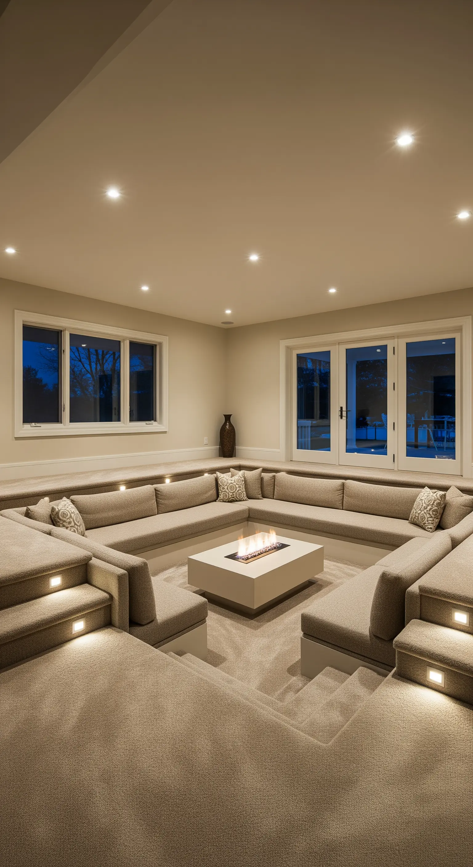 Modernes Wohnzimmer mit einer abgesenkten Sitzecke (Conversation Pit) und Kamin.