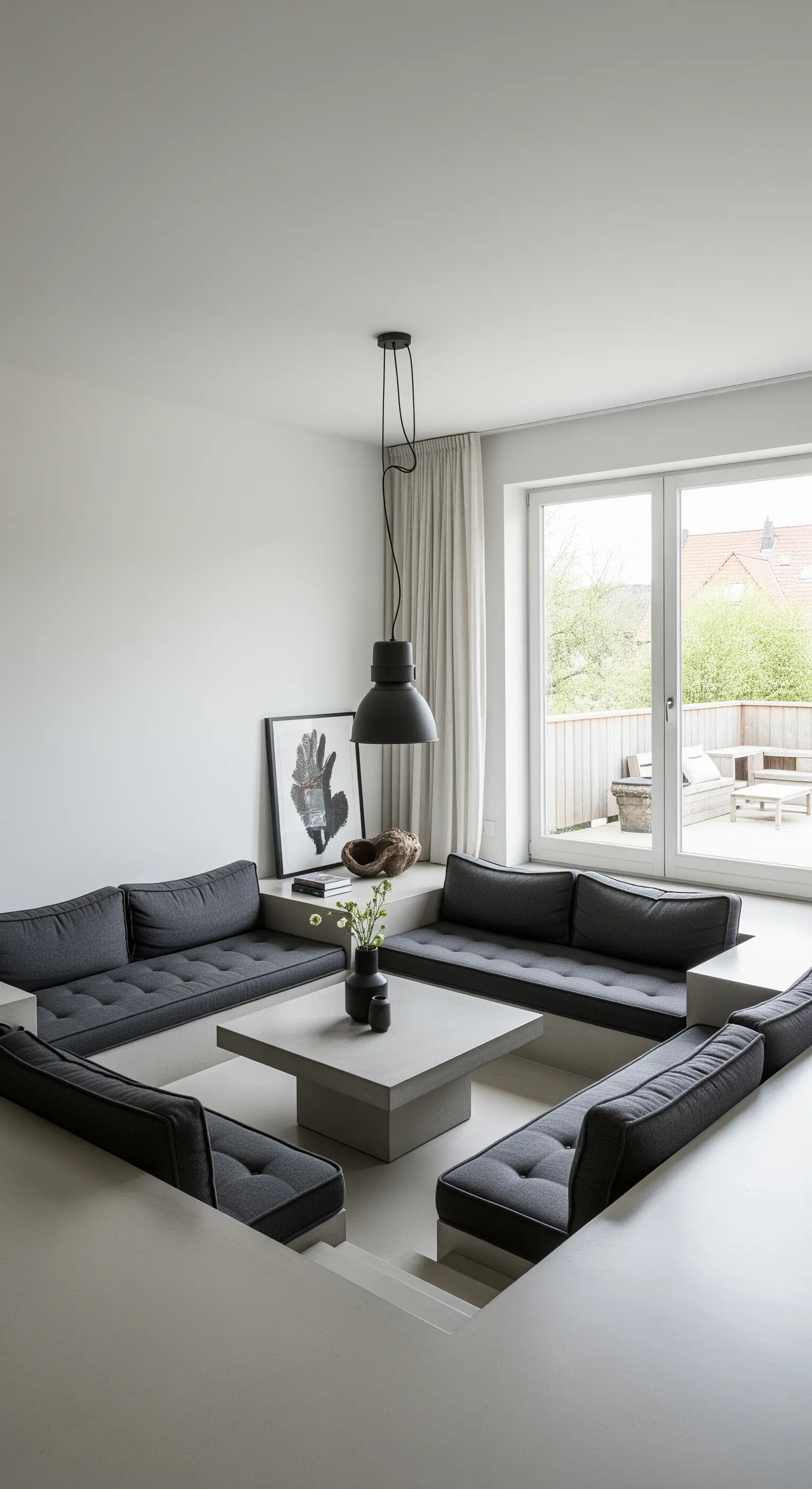 Modernes Wohnzimmer mit einer abgesenkten Sitzecke ('Conversation Pit').