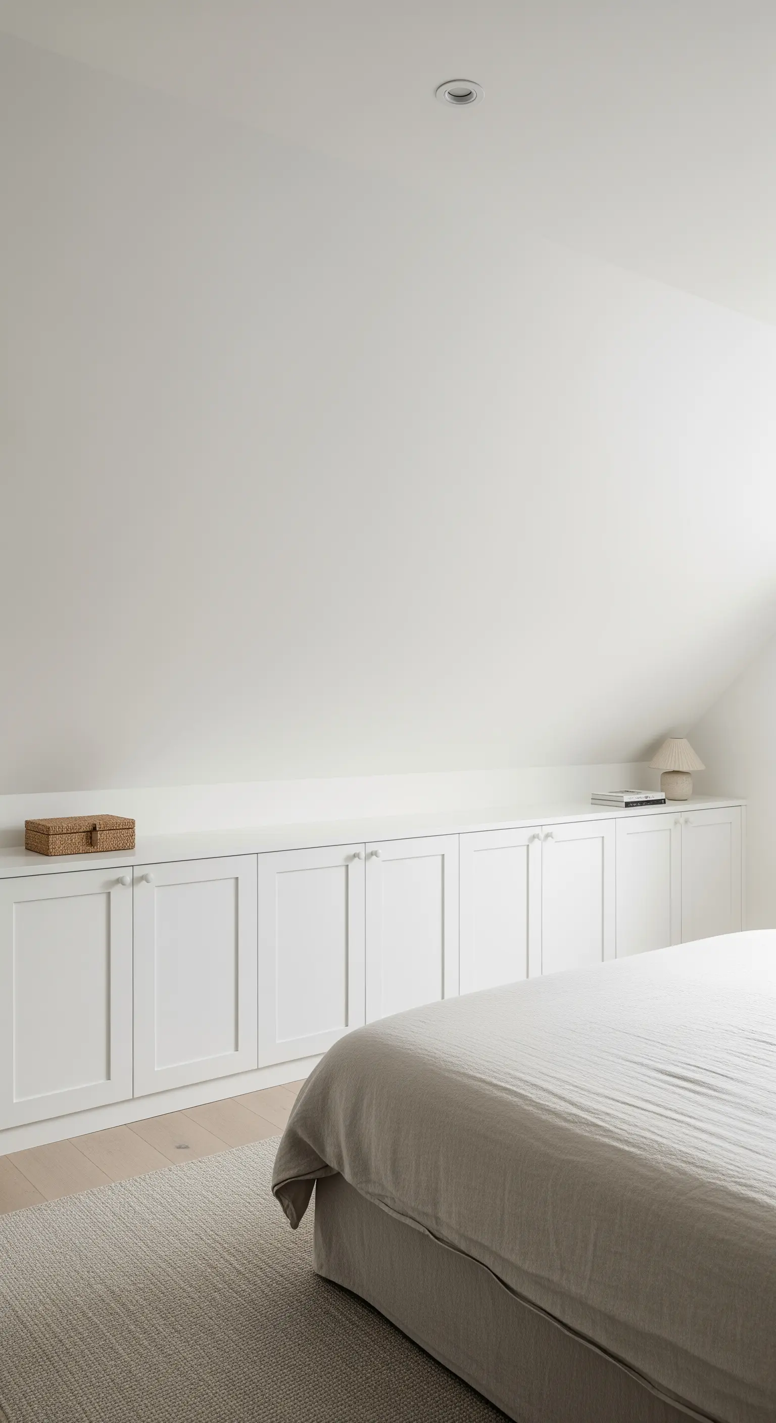 Minimalistisches Dachgeschoss-Schlafzimmer mit einem langen, weißen Sideboard unter der Schräge.
