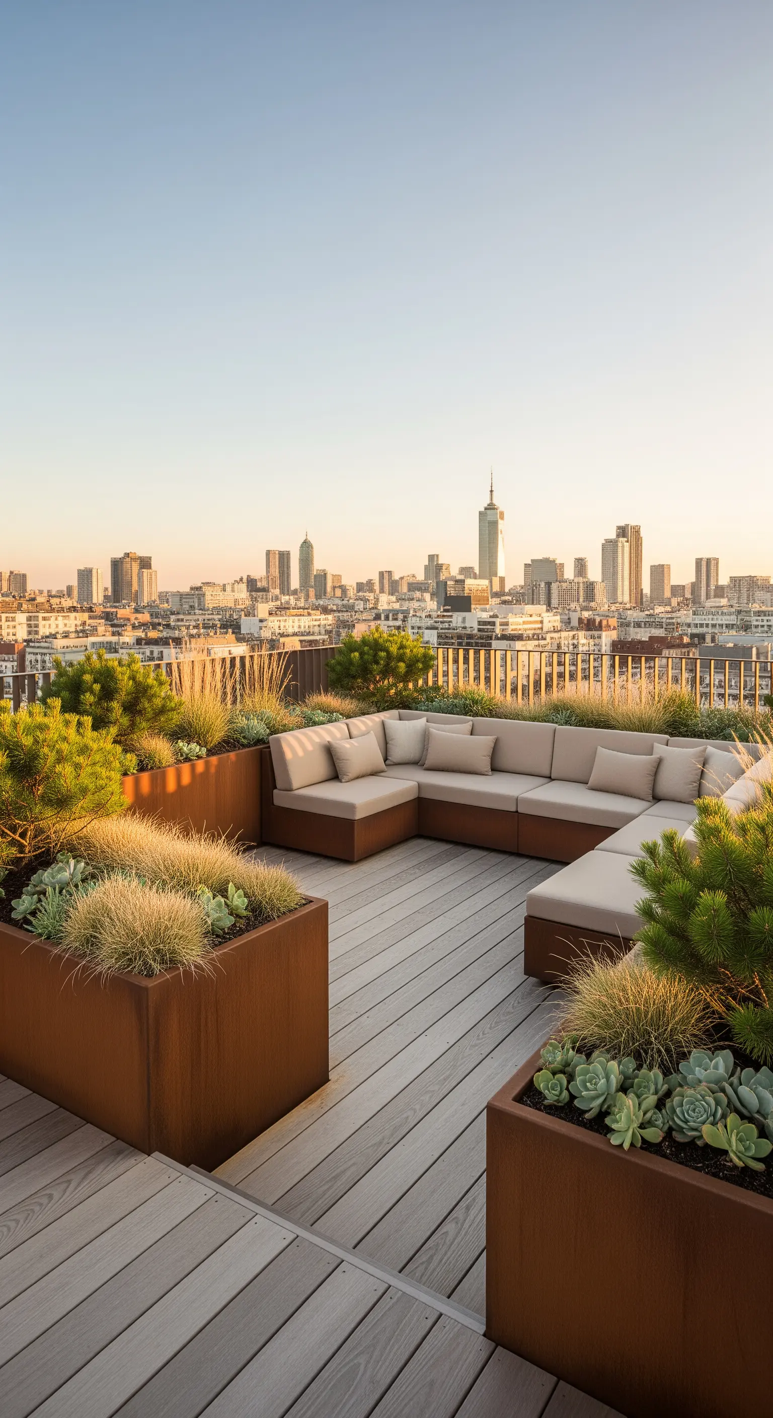 Dachterrasse mit Lounge-Möbeln, Holzboden und Hochbeeten aus Cortenstahl mit Blick auf die Stadt