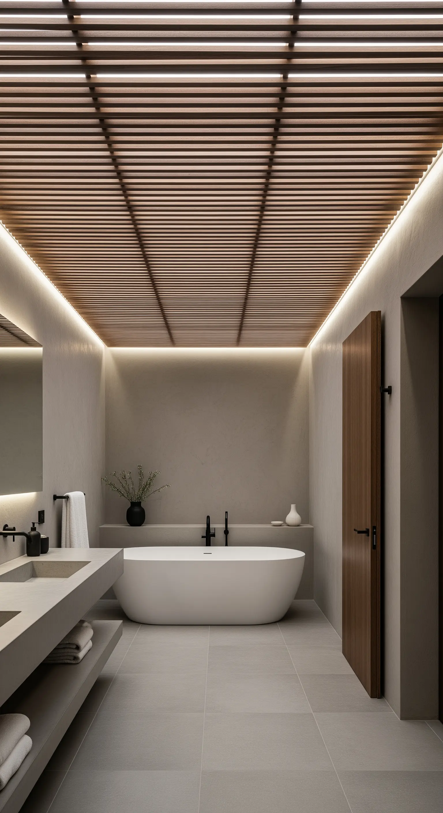 Minimalistisches Badezimmer mit einer durchgehenden Holzlamellendecke und indirekter Beleuchtung.