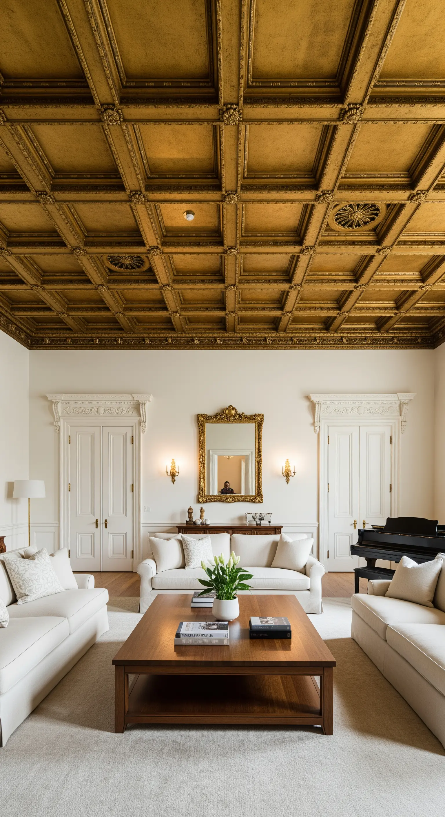 Klassisches Wohnzimmer mit weißen Wänden und einer aufwendig gestalteten goldenen Kassettendecke.