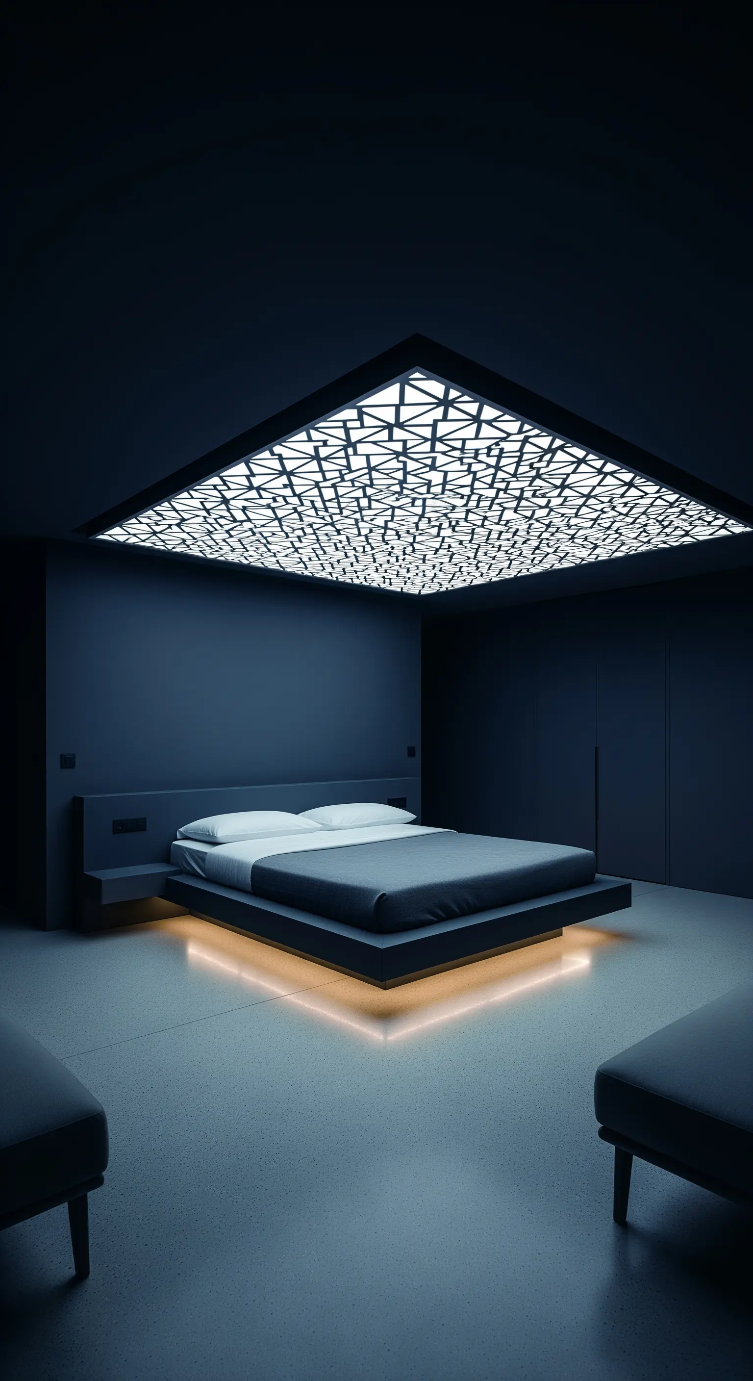 Dunkles, minimalistisches Schlafzimmer mit einer großen, leuchtenden Deckeninstallation.