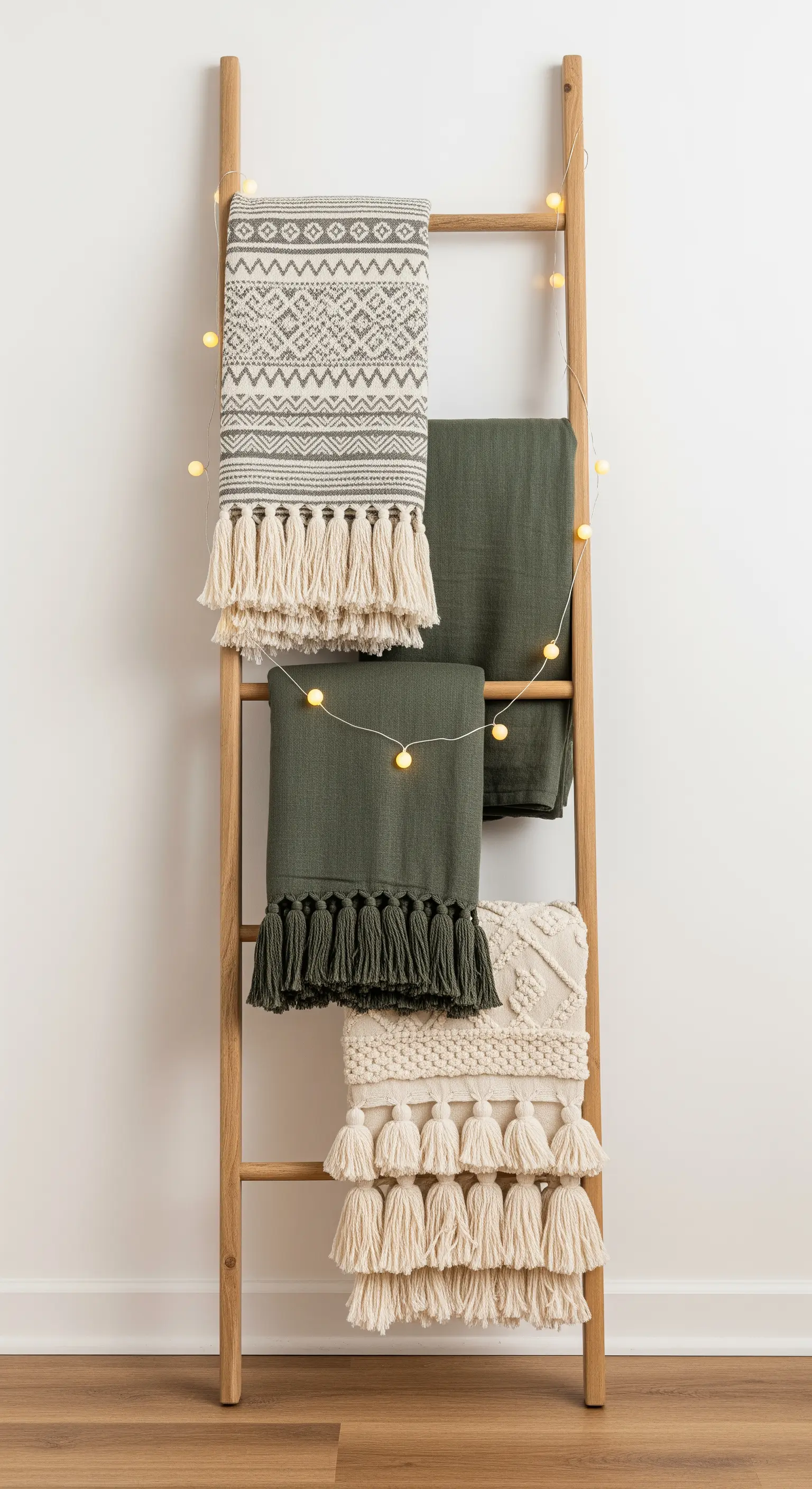 Holzleiter mit gemusterten Decken und einer Lichterkette dekoriert