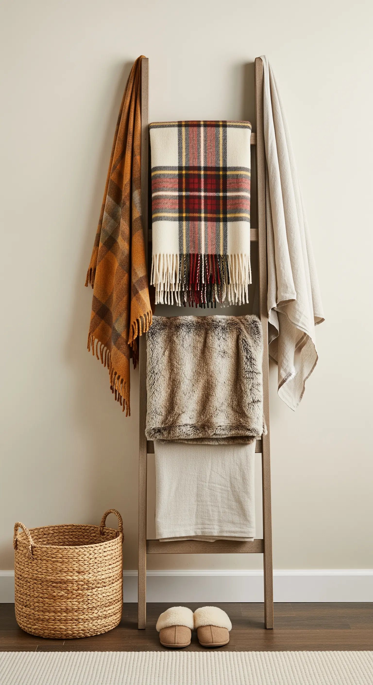 Holzleiter mit verschiedenen Decken in Herbstfarben und Mustern.