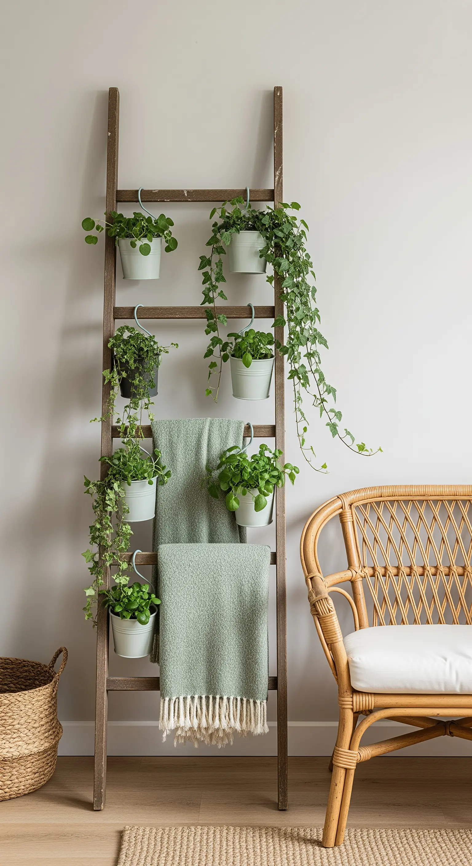 Eine alte Holzleiter, an deren Sprossen kleine Töpfe mit grünen Hängepflanzen befestigt sind.