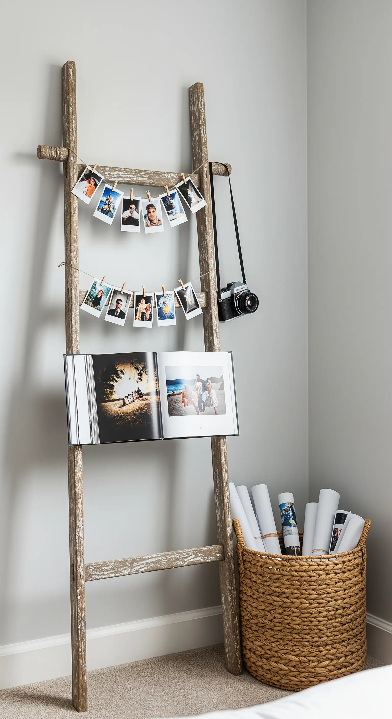 Rustikale Holzleiter, die als Display für Polaroids und ein offenes Fotobuch dient.
