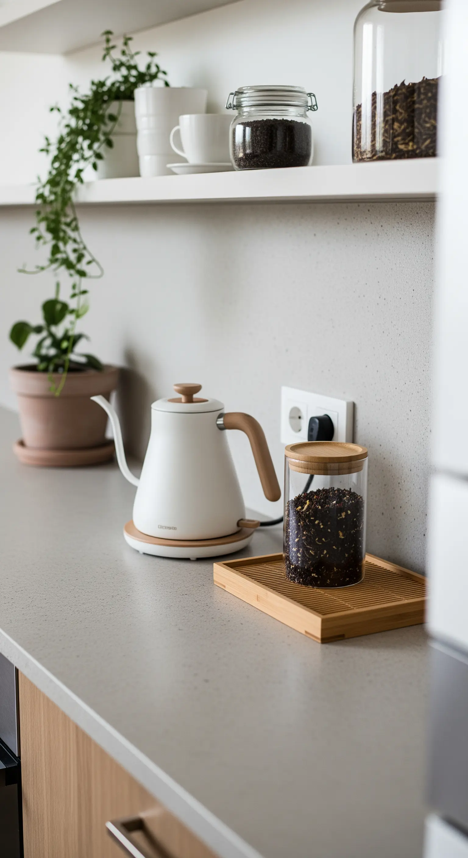 Eine organisierte Teestation auf der Küchentheke mit stilvollem Wasserkocher und Bambustablett.