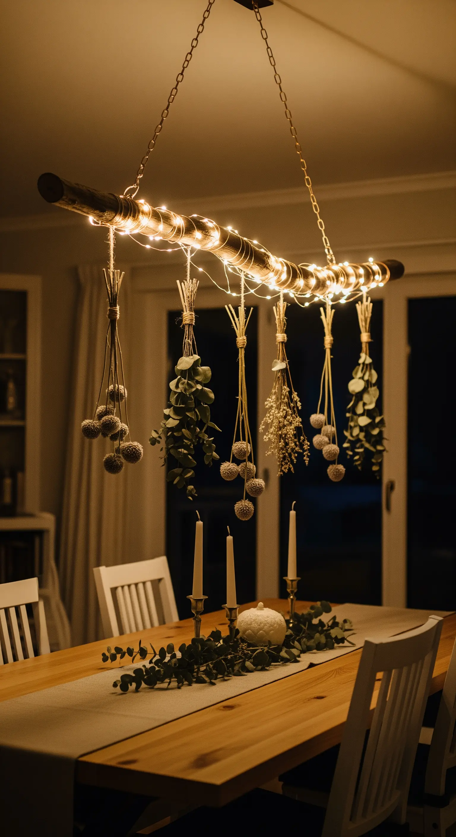 DIY-Hängelampe aus einem Ast mit Lichterkette und Trockenblumen über einem Esstisch.